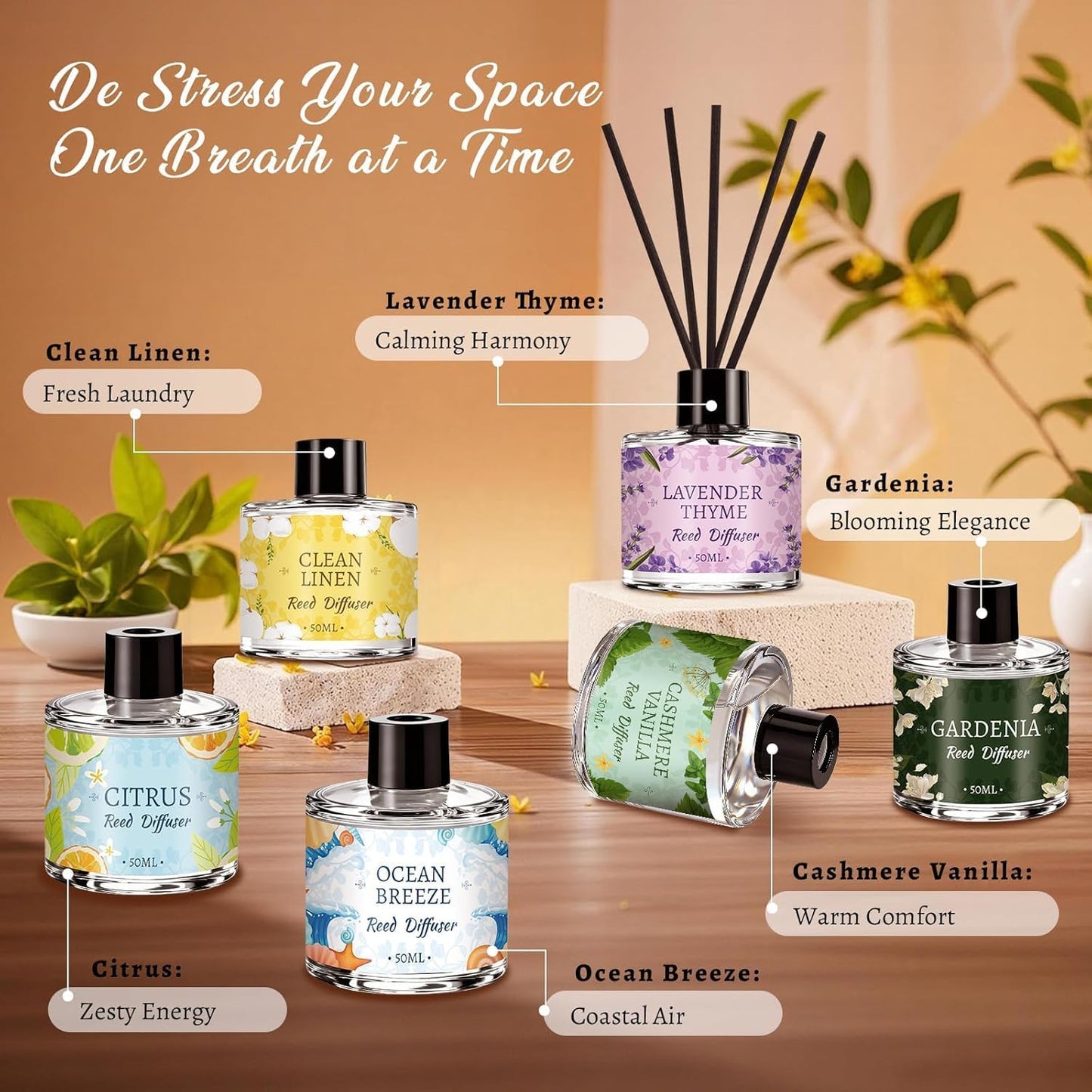 6 Pack Reed Diffuser Sets, Essential Oil Reed Diffusers for Home with 24 Sticks, Long Lasting Scent, Gift Ready Fragrance Diffuser for Bedroom, Bathroom, Office, Home Decor (1.69oz Each)