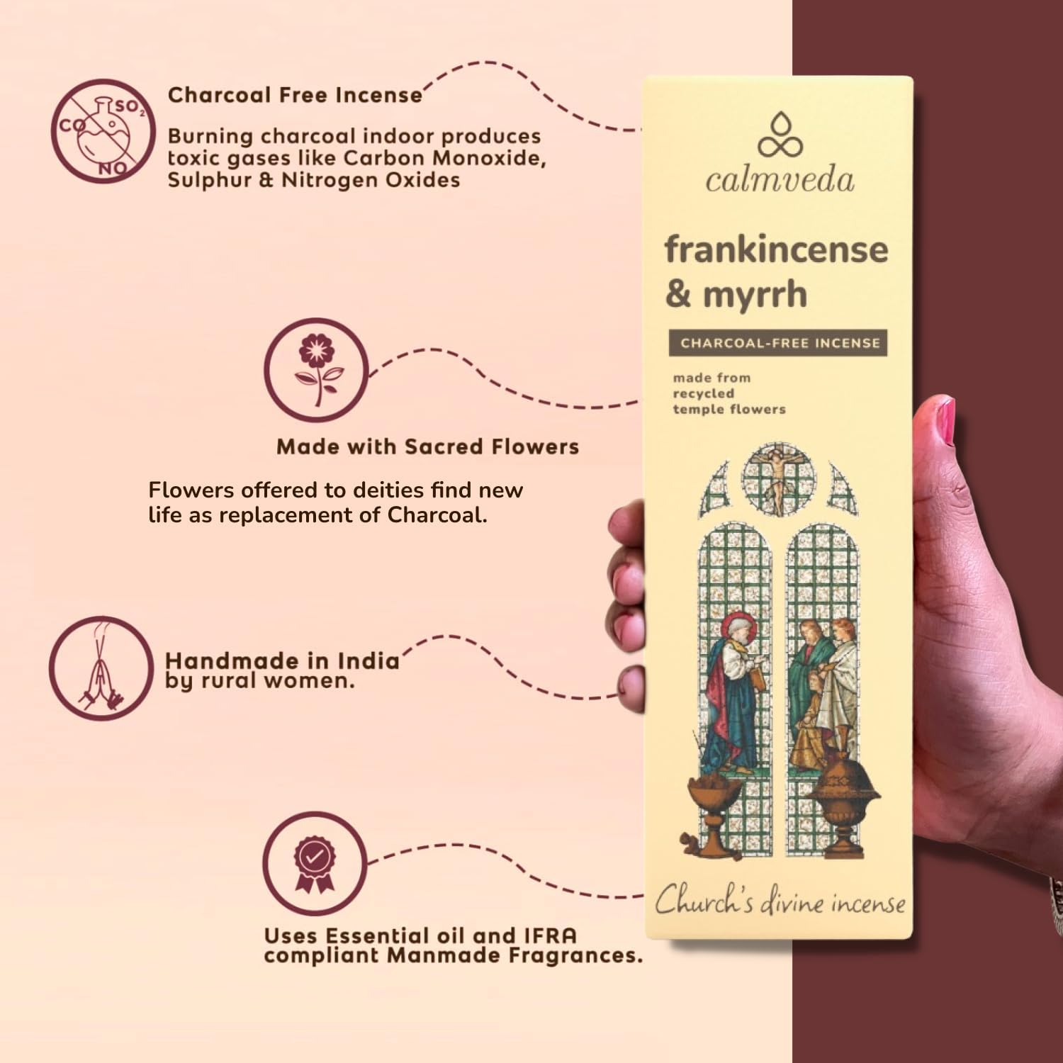 Calmveda Church Frankincense and Myrrh Incense - 80 Sticks, Charcoal Free, Handmade from Upcycled Flowers, Spiritual Healing Incense