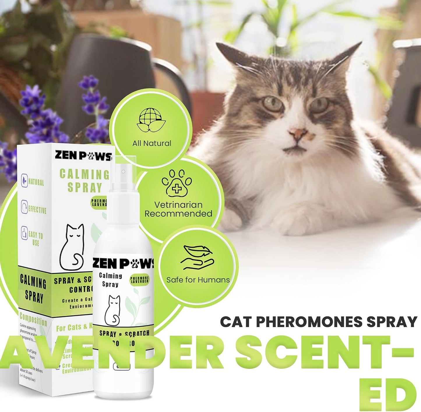 Zenpaws Cat Phermone Calming Spray - Quickly Relieve Stress - Reduces Scratching Furniture, Peeing, Marking, Anxiety - Supports Relief for Fireworks, Travel, Vet Visits 60ml