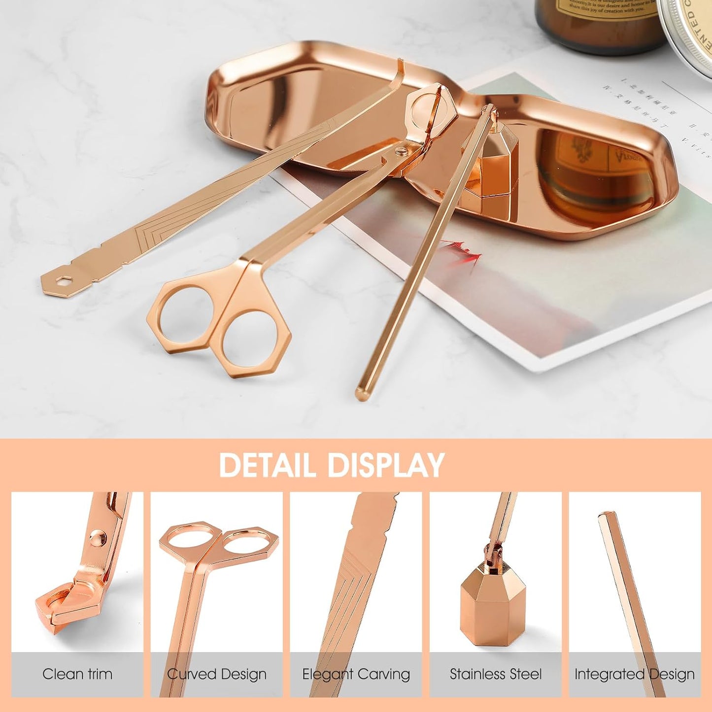 PATOISE 3-in-1 Candle Accessory Set, Wick Trimmer, Candle Snuffer, Wick Spoon, Stainless Steel Material Perfect for Candle Lovers(Rose Gold)