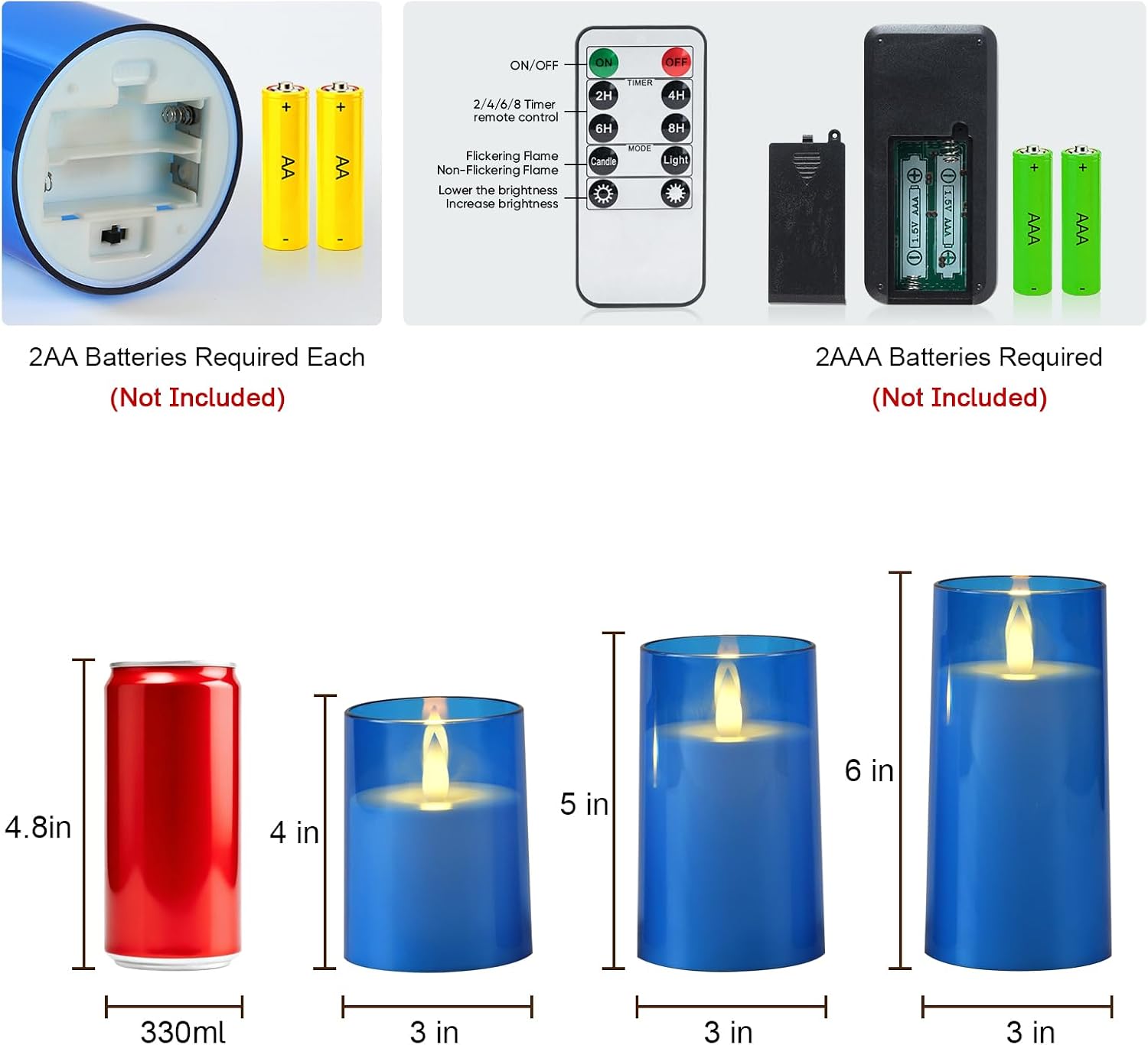 Raycare Flameless Electronic Pillar Candles with Remote Control and Timer- Battery Operated Realistic Flickering LED Fake Candle for Home, Wedding, Valentine's Day Decor,Blue,Set of 3(3"x4"5" 6")