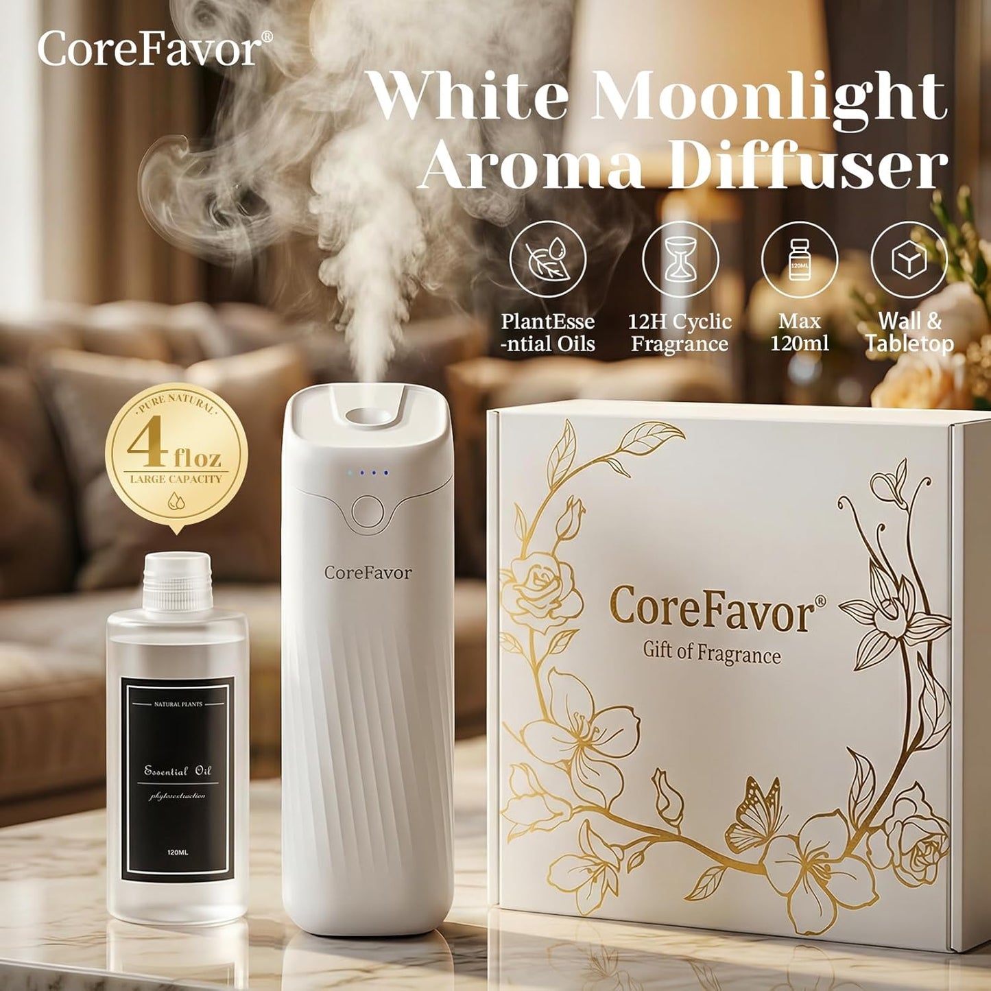Waterless Essential Oil Diffuser (M60) with 120ml Oil, Rechargeable Portable Battery-Operated Cold Air Aroma Scent, 4 Adjustable Intensity Levels, Quiet Diffuser for Home Bedroom (Luxury)