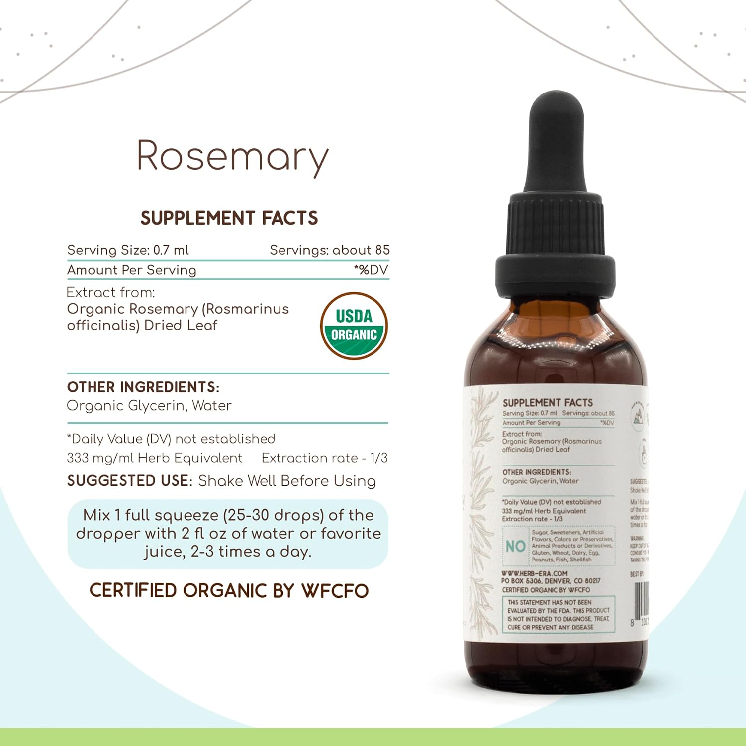 HerbEra Rosemary Liquid Extract, USDA Organic – Alcohol-Free Drops for Memory & Immune Support, Rosmarinus Officinalis Dried Leaf Tincture, Vegan (2 fl oz)