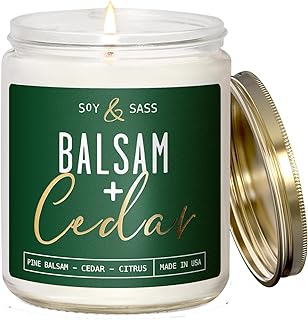 Balsam Candle, Christmas Candles Scented - 'Balsam + Cedar' Soy Candle, w/Balsam Fir, Cedar & Citrus - Infused with Essential Oils I Balsam Fir Candles I 9oz, 50Hr, Made in USA