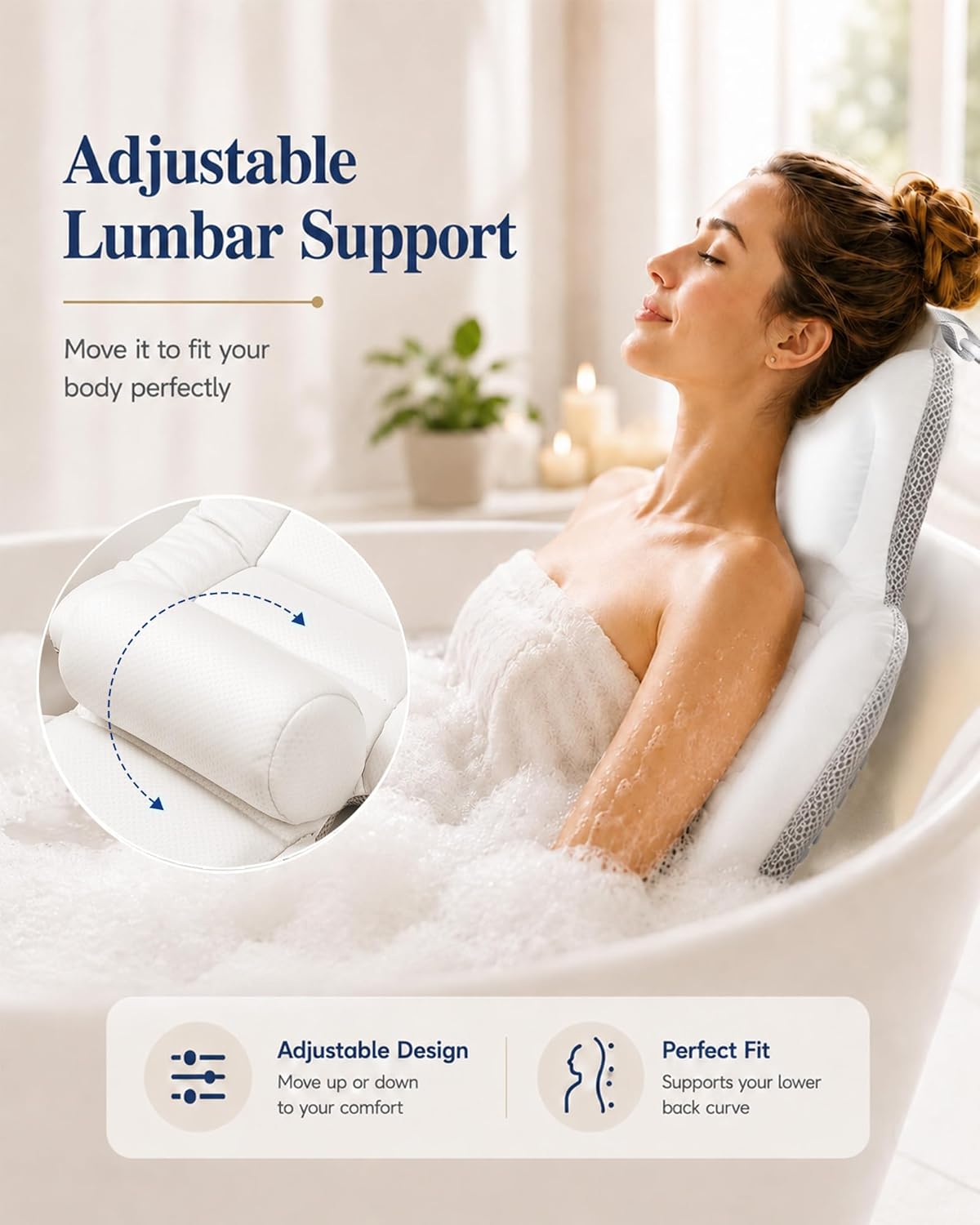 Full Body Bath Pillow for Bathtub, Extra Thick Luxury Bath Cushion with Adjustable Lumbar Support, 240 Suction Cups, Quick Dry 5D Mesh Tub Pillow for Home Spa Relaxation 52" x 17"