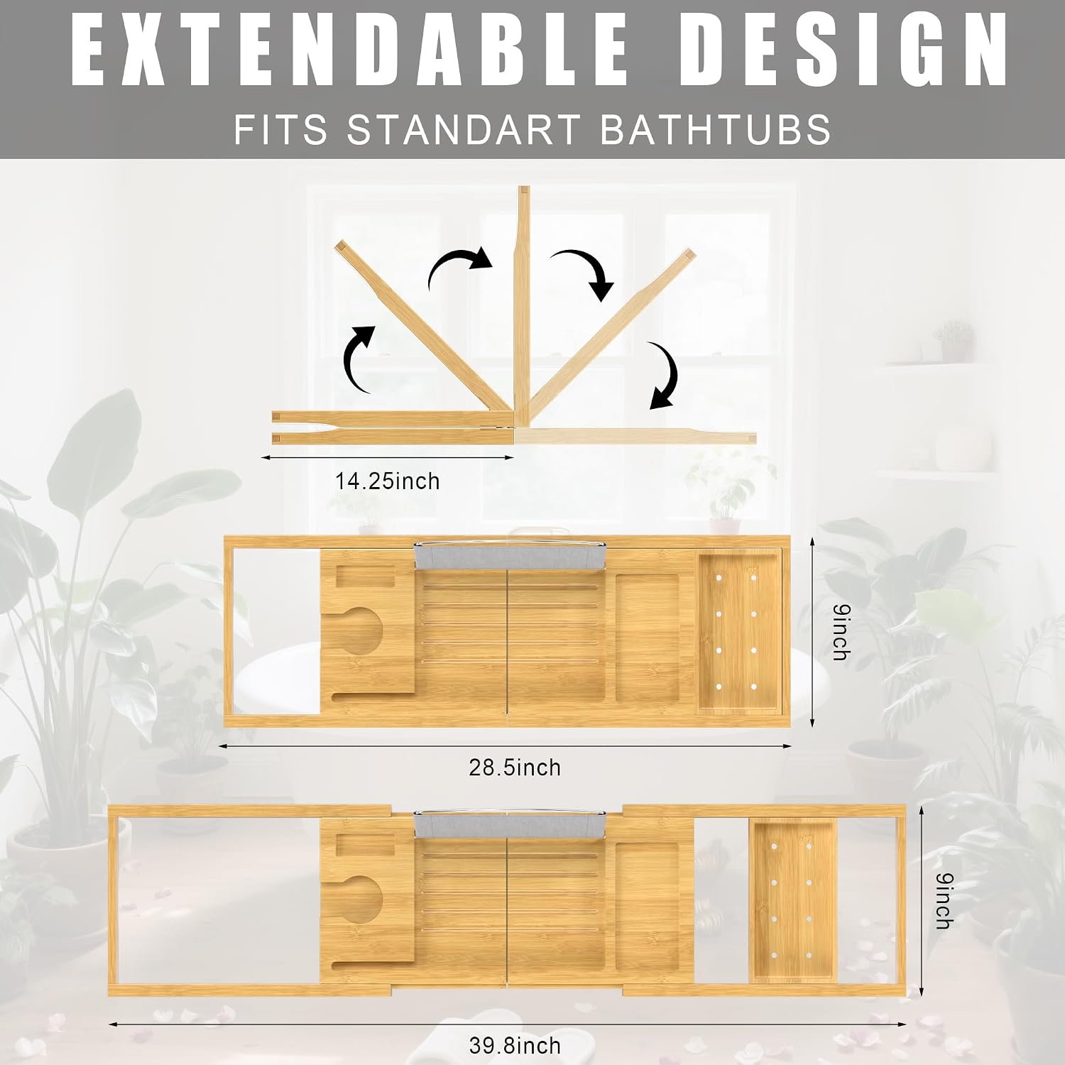 Foldable Bathtub Caddy Tray for Tub,Bamboo Expandable Bath Table Trays,Premium Bathroom Accessories for New Home & Mothers Day & Birthday Gifts for Couples,Natural