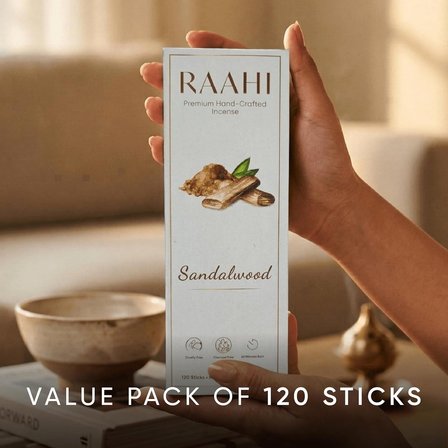RAAHI Sandalwood Incense Sticks with Holder, 120 Count, Handcrafted Scented Incense for Home Fragrance, Meditation, Yoga and Room Ambiance