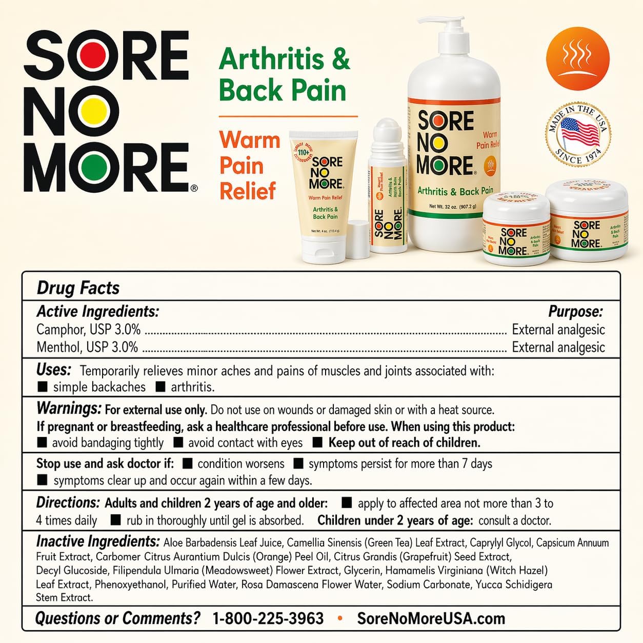 Sore No More Arthritis Pain Reliever Cream – Targeted Warm Relief for Back, Neck, Hands & Feet – Soothing & Fast-Acting Formula for Aches and Pains – Non-Greasy with Orange Aroma – 8 oz