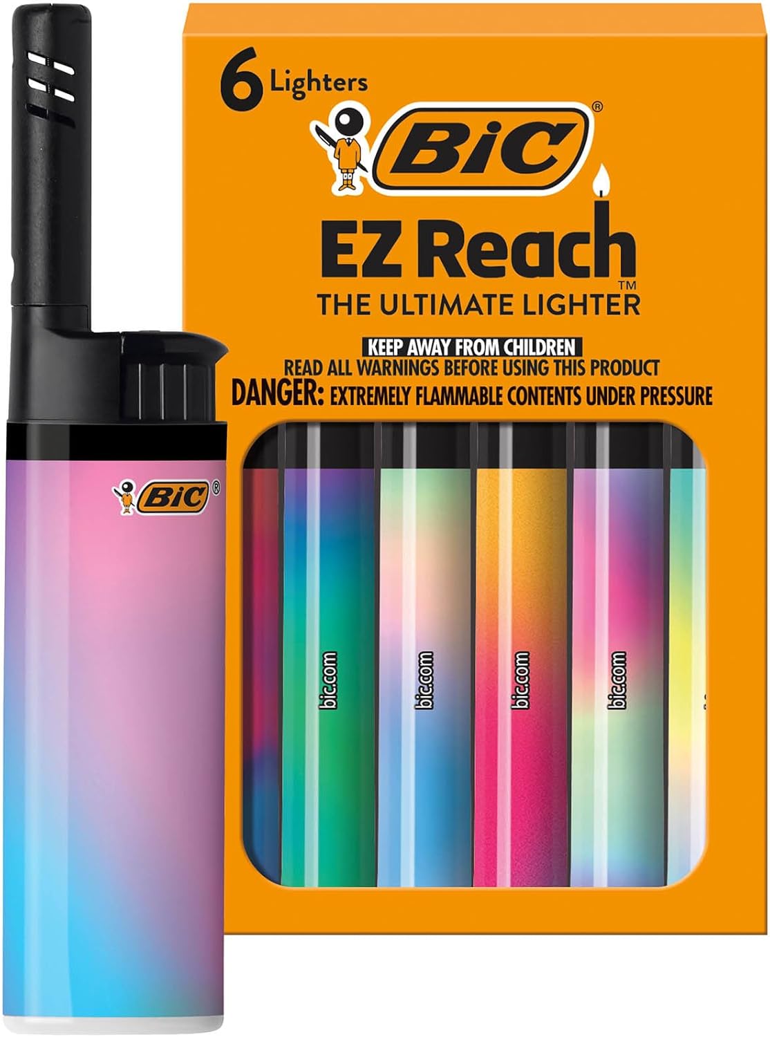 BIC EZ Reach Lighters, Ultimate Long Neck Lighter, Gradient Designs, 6-Pack (Designs May Vary)