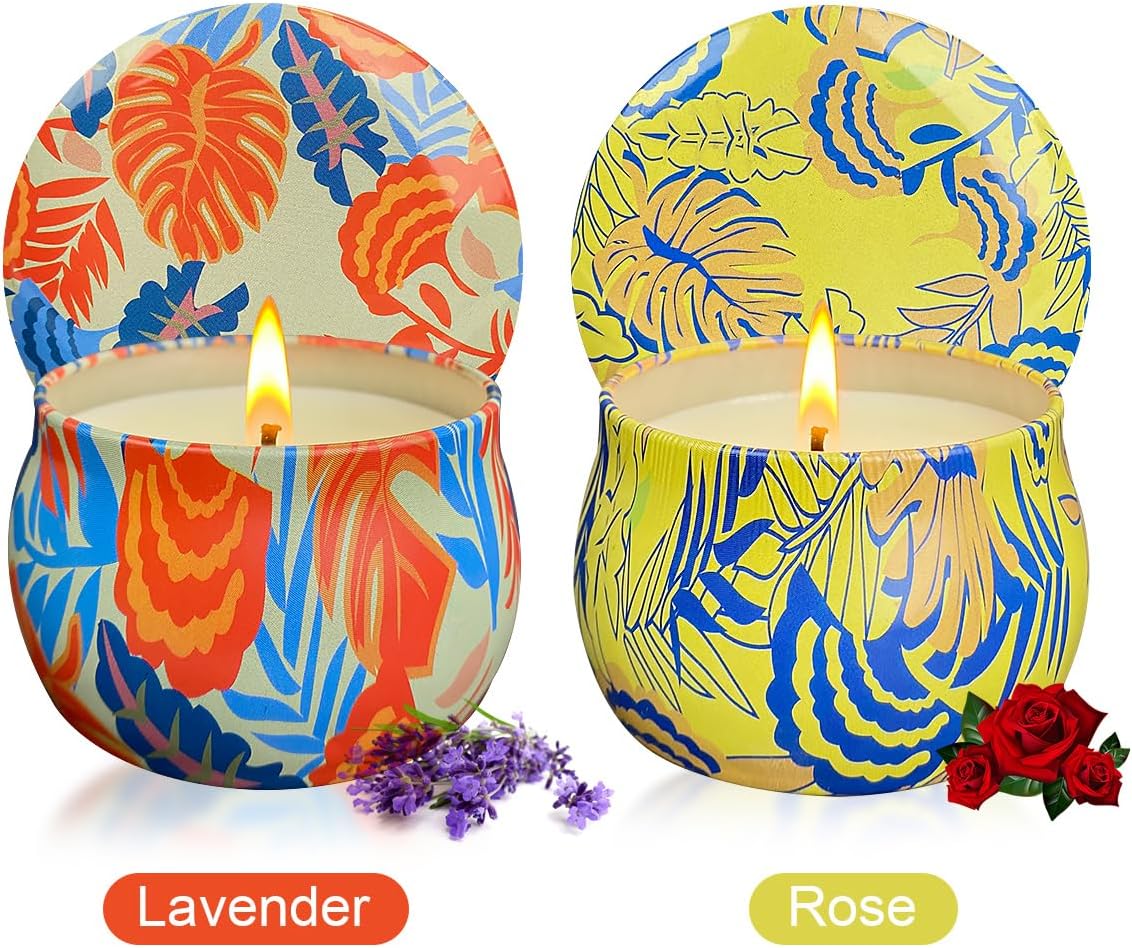 2 Pack Soy Candles Gift Set, 4.4 oz Aromatherapy Candles, Lavender and Rose Scents in Portable Tin Jars - for Home, Travel, Spa, Bath, Yoga