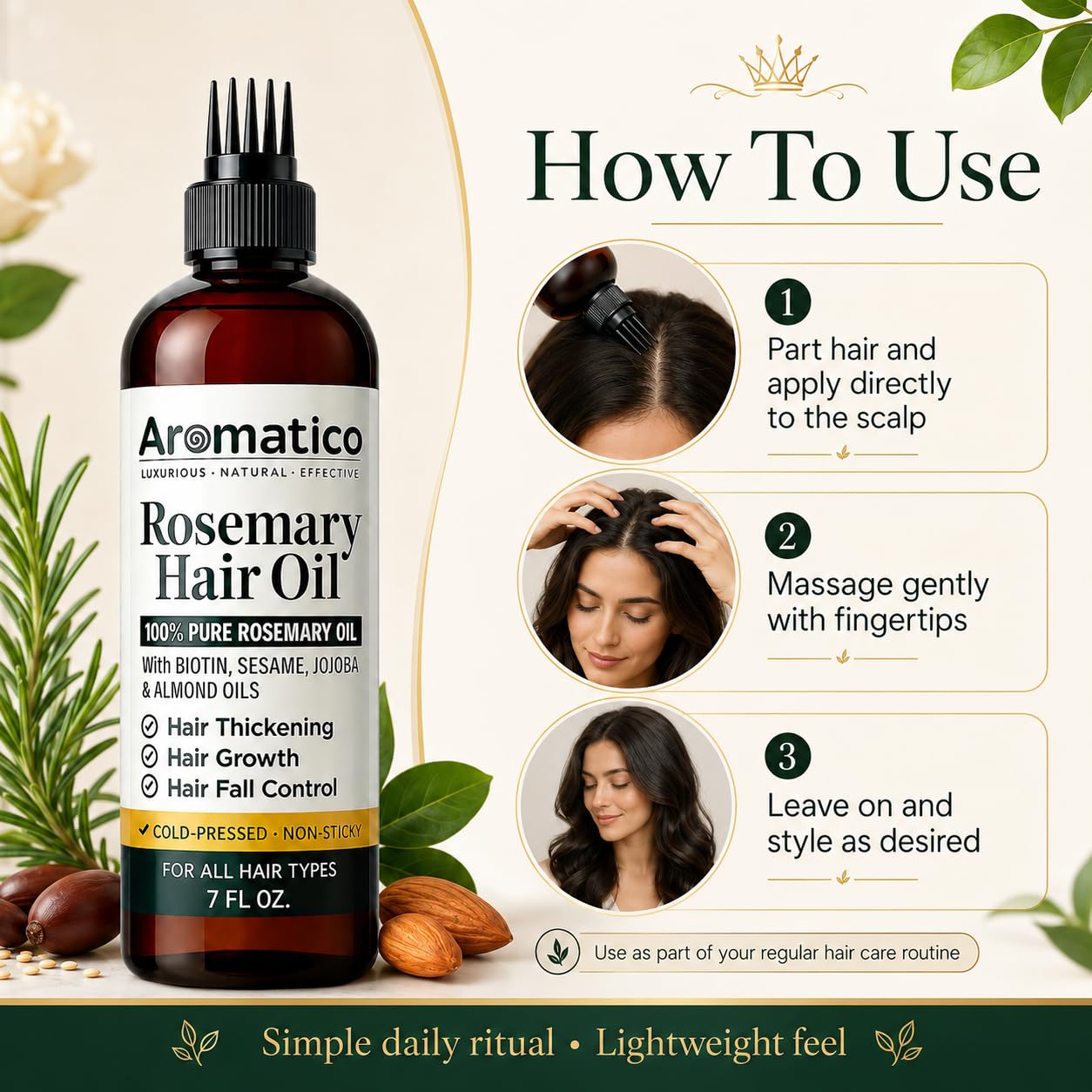 Aromatico 100% Pure Rosemary Oil for Hair Growth, Hair-fall Control & Hair Thickening. Enriched with Sesame, Jojoba & Almond Oils. Non-Sticky Texture. With Applicator Cap - 7 Fl Oz