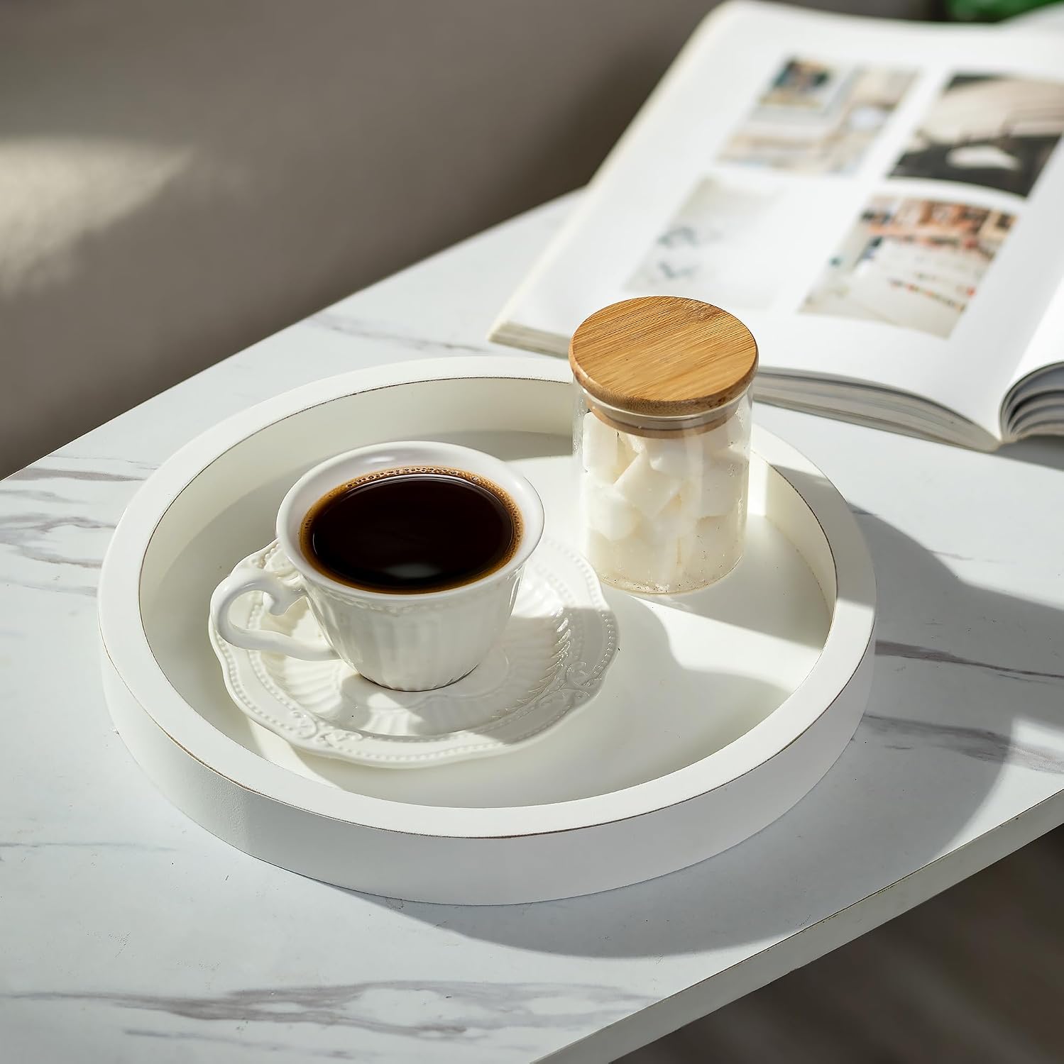 Hanobe Decorative Tray for Coffee Table: Wood Candle Holders Plate Round Rustic Trays for Ottoman Centerpiece Home Decor Living Room Kitchen Corner Organizer White