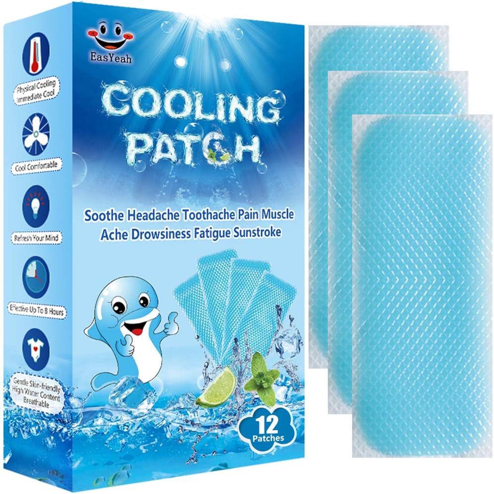 EASYEAH 12 Sheets Cooling Patches for Fever Discomfort & Pain Relief, Cooling Relief Fever Reducer, Soothe Headache Pain, Pack of 12