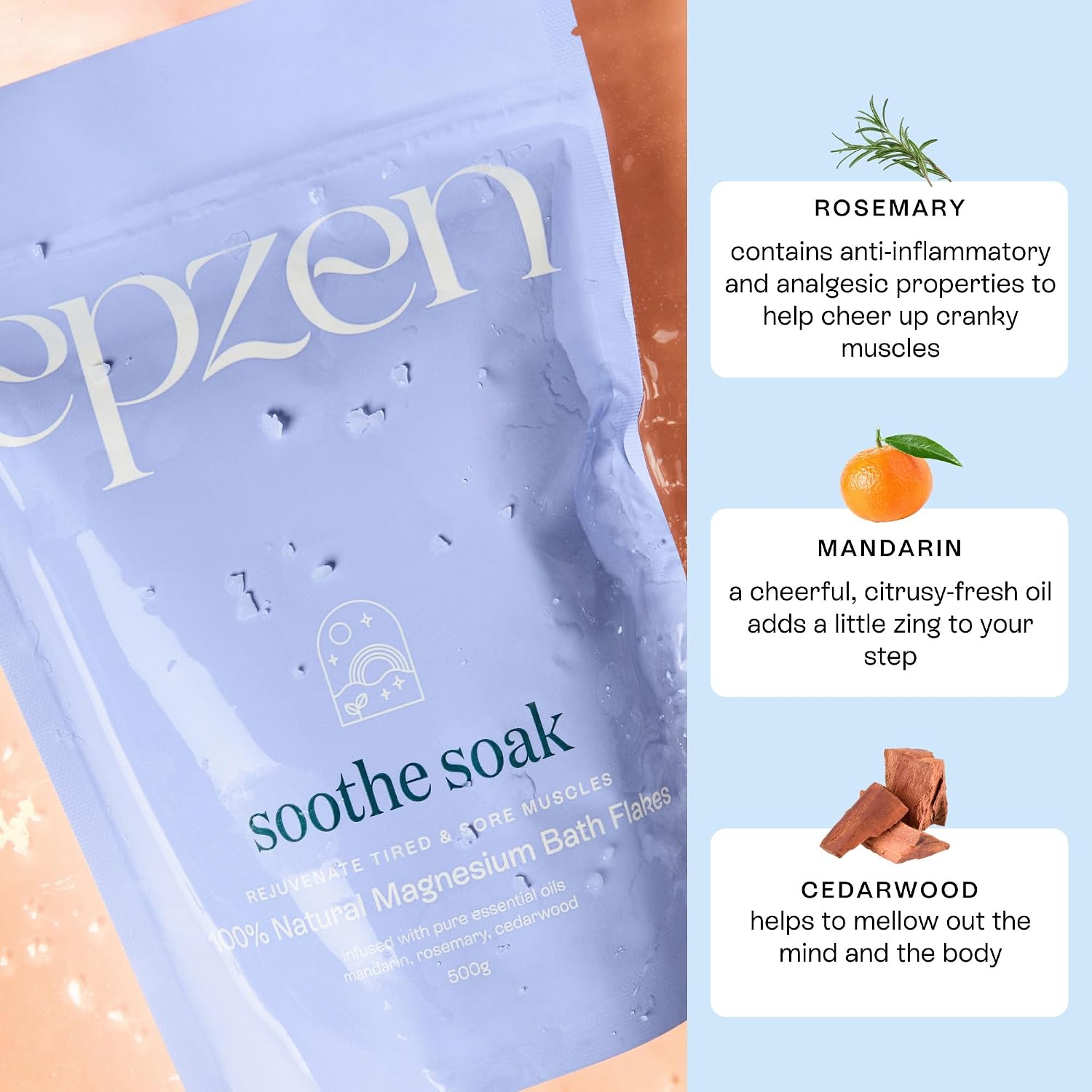 epzen Natural Magnesium Bath Flakes, Essential Oils, Rosemary, Magnesium Chloride, Paraben & Sulfate Free, Cruelty Free, 17.6oz