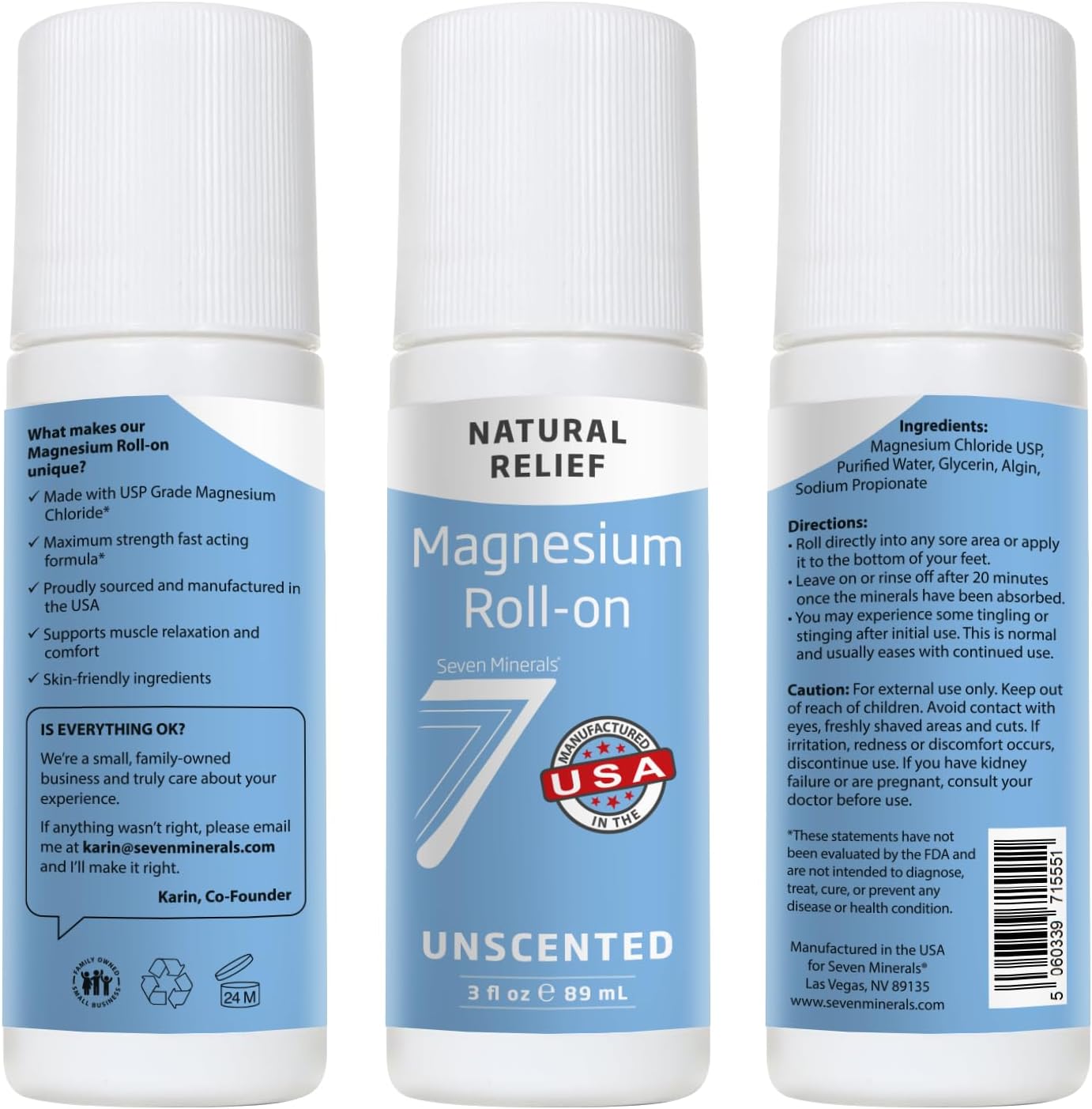Seven Minerals Pure USP Grade Magnesium Roll On Stick - Unscented Topical Magnesium Oil for Sore Muscles, Leg Cramps, Stress & Sleep - No Unnecessary Fillers, Just Pure Magnesium - USA Made, 3 Fl Oz
