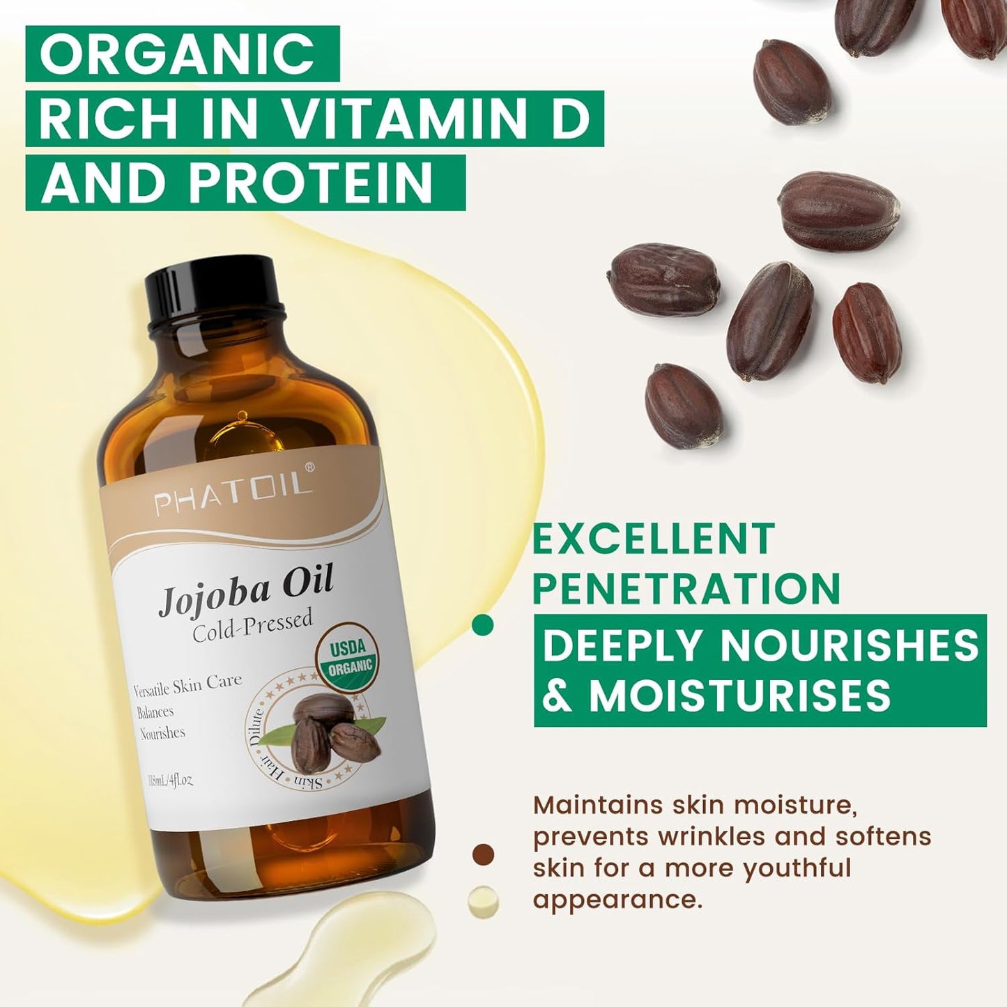 PHATOIL Organic Jojoba Oil Cold Pressed USDA Certified Premium Grade Jojoba Oil Deeply Moisturizing Carrier Oils for Skin, Body, Face, Nails and Hair Growth, Massage, Essential Oils Mixing(118ML)