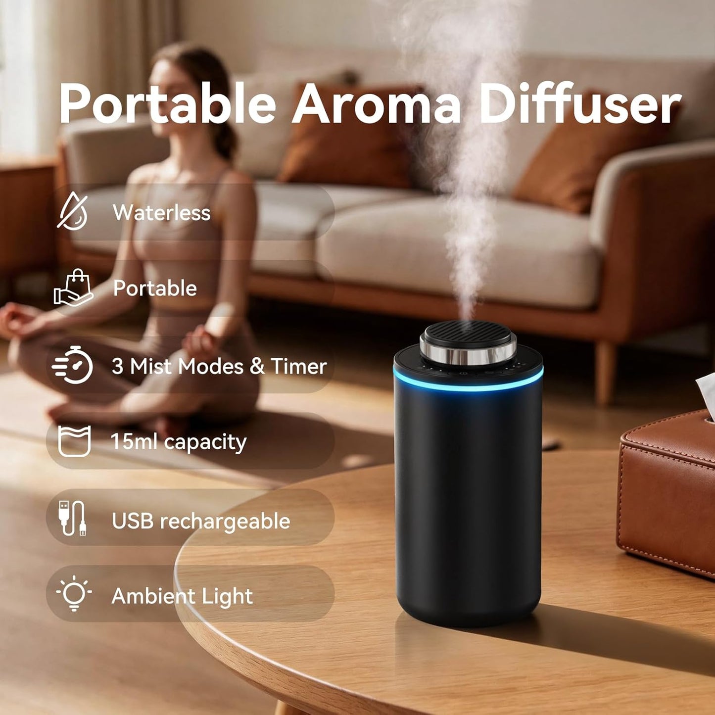 Essential Oil Diffuser,15ml Waterless Scent Diffuser,Rechargeable Portable Travel Diffuser with 3 Mist Mode & Timers,Dual Color LED Light,Small Car Air Freshener for Home,Office,Car, Black
