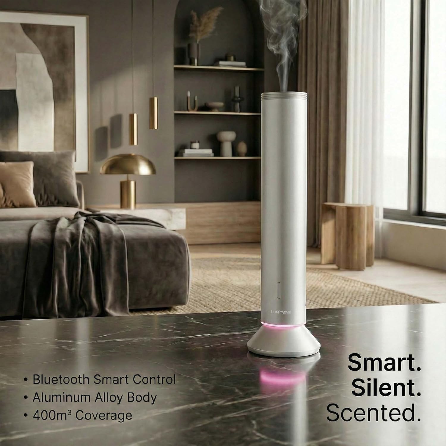 Waterless Essential Oil Diffuser, Smart App Controlled Scent Diffuser for Large Room, Covers Up to 4000 Sq Ft, Quiet Aroma Diffuser for Home Hotel Office,360° Ambient Light (Silver, Desktop)