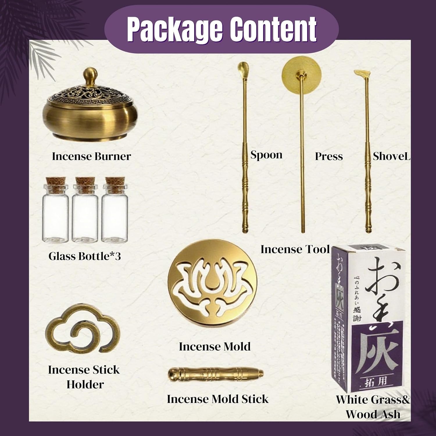 Noamus 12 Pcs Incense Burner Kit, Brass Powder Ash Making Set with Censer, Chinese Incense Art Mold Press Tool, Home Fragrance Holder in Gift Box for Relaxation, Meditation, Yoga, Aromatherapy