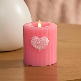 Luminara Flickering Flameless 3.7" x 4.5" Pillar Candle, Battery Operated Remote Ready (Sold Separately) & Timer Function, LED Light, Ribbed Real Pink Wax w/Embossed Heart Design for Valentine's Day