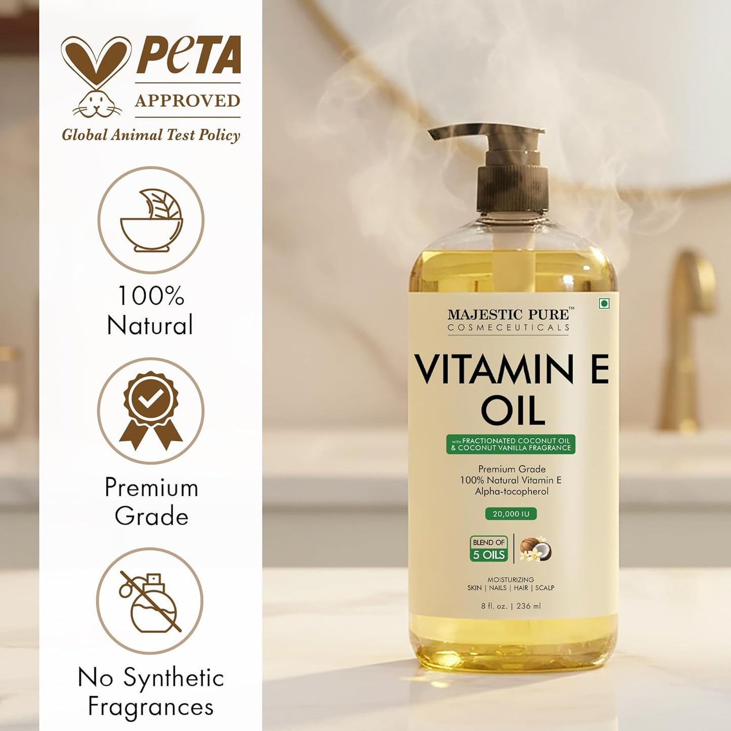 Majestic Pure Oil - 100% Pure and Natural- Cold Pressed & Hexane Free Natural Hair Growth Oil for Eyelashes, Eyebrows, Skin, Body, Face, Nails & Scalp - Coconut & Vanilla Formula Vitamin E Oil 8 Fl Oz