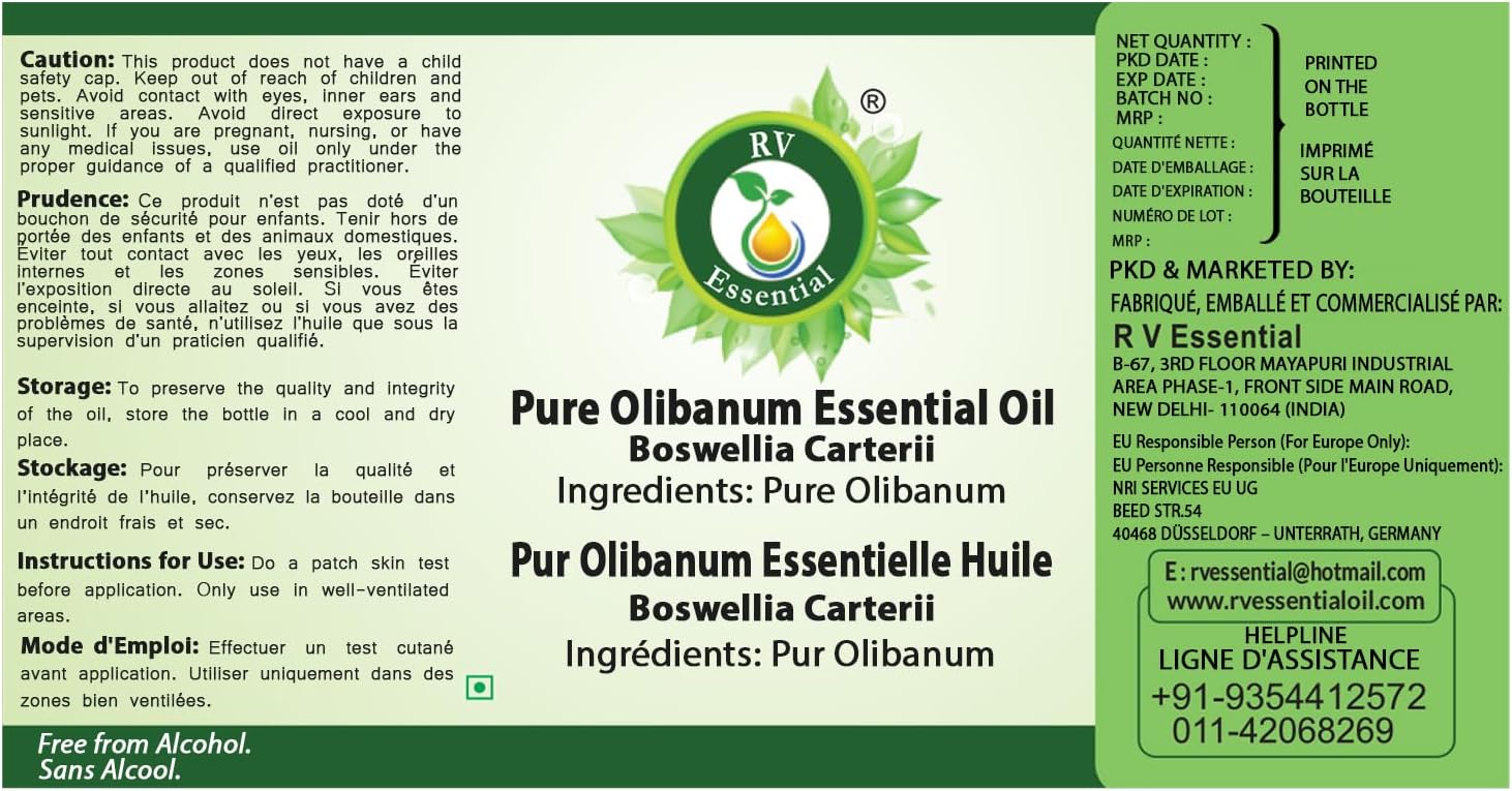 R V Essential Pure Olibanum Essential Oil 10ml (0.338oz)- Boswellia Carterii (100% Pure and Natural Steam Distilled)
