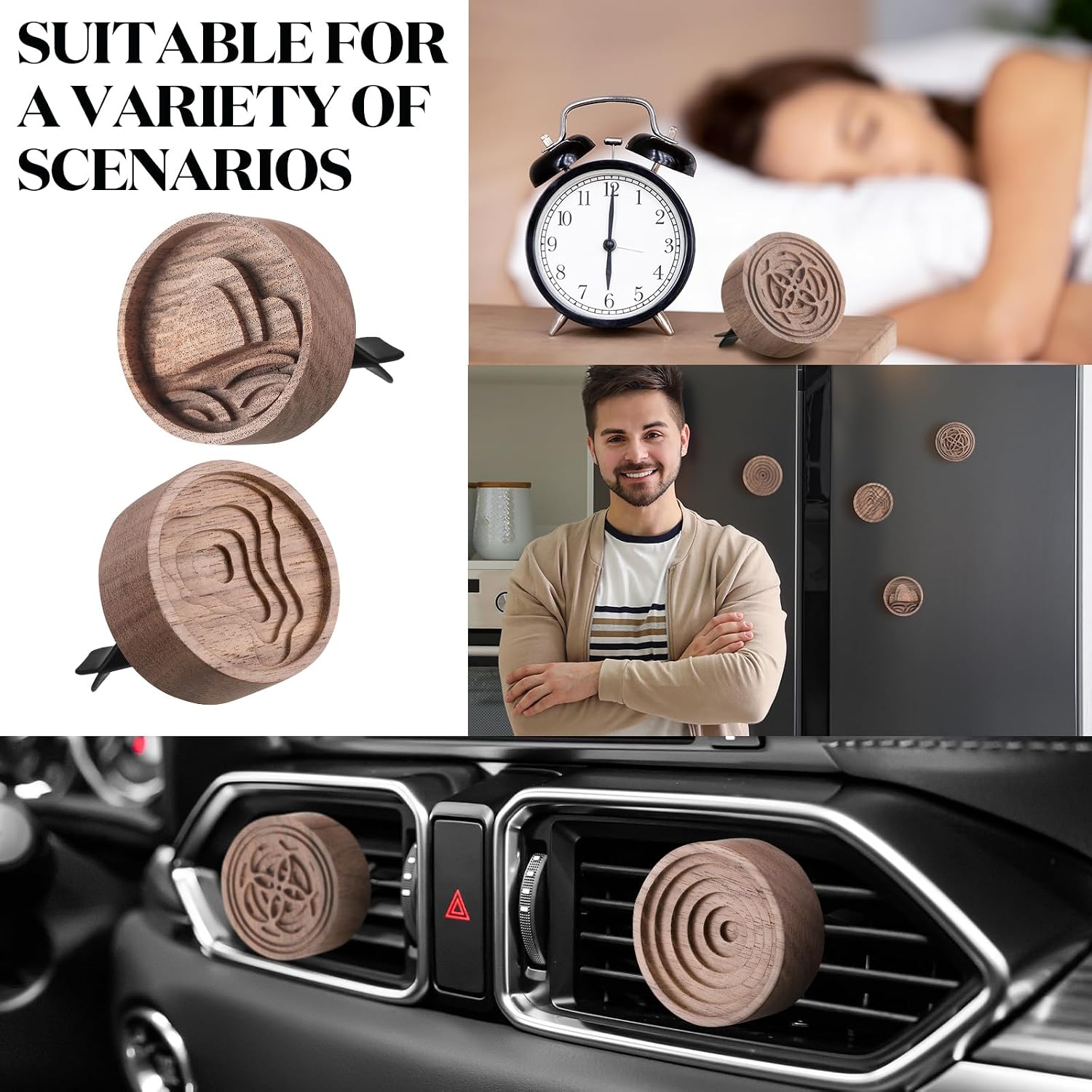 Teenyyou 4 Pcs Wooden Essential Oil Diffuser Car Aromatherapy Passive Diffuser with Vent Clip Walnut Wood Round Air Freshener Winter Gifts for Home Offices Yoga Rooms Sauna Rooms