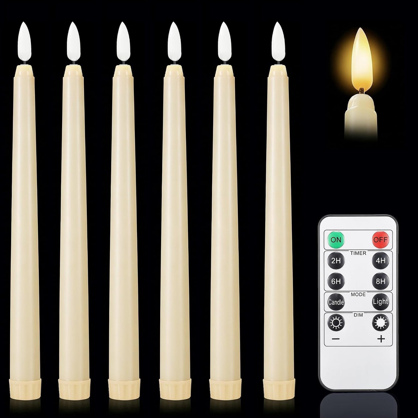 Flameless Taper Candles Ivory,3D Flickering Battery Operated LED Window Candles with 10-Key Remote,Warm Light Fake Candlesticks for Christmas Halloween Wedding Decor,0.78 X 10.6 Inch,Pack of 6