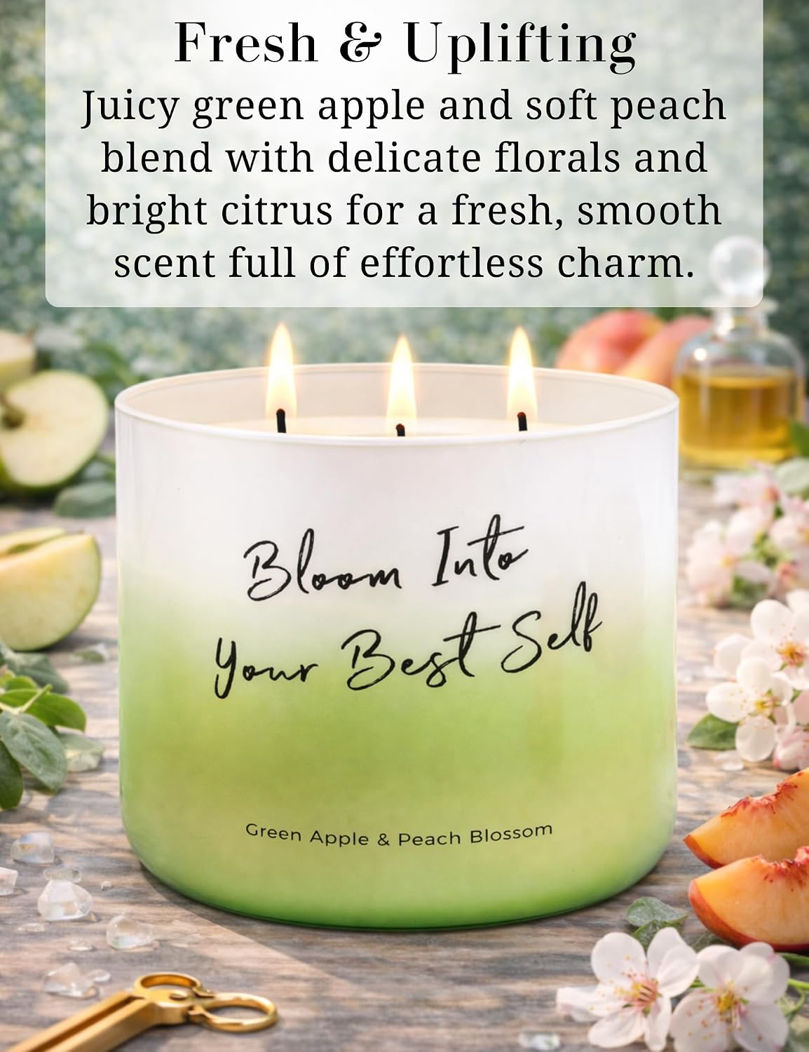 Green Apple Peach Blossom Scented Soy Candle | Large 3 Wick Candle for Home, 15.8 oz | Fresh Fruity Aromatherapy Candle | Birthday, Graduation & Self-Care Gifts for Women | Candles for Women & Men