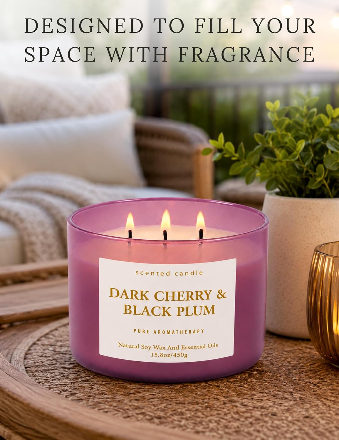 Dark Cherry Black Plum 3-Wick Soy Candle, 15.8 oz Scented Candle for Home | Black Cherry, Plum & Vanilla Notes, Aromatherapy, Highly Scented, Clean Burn, Summer & Fall candle, Gift for Women & Men