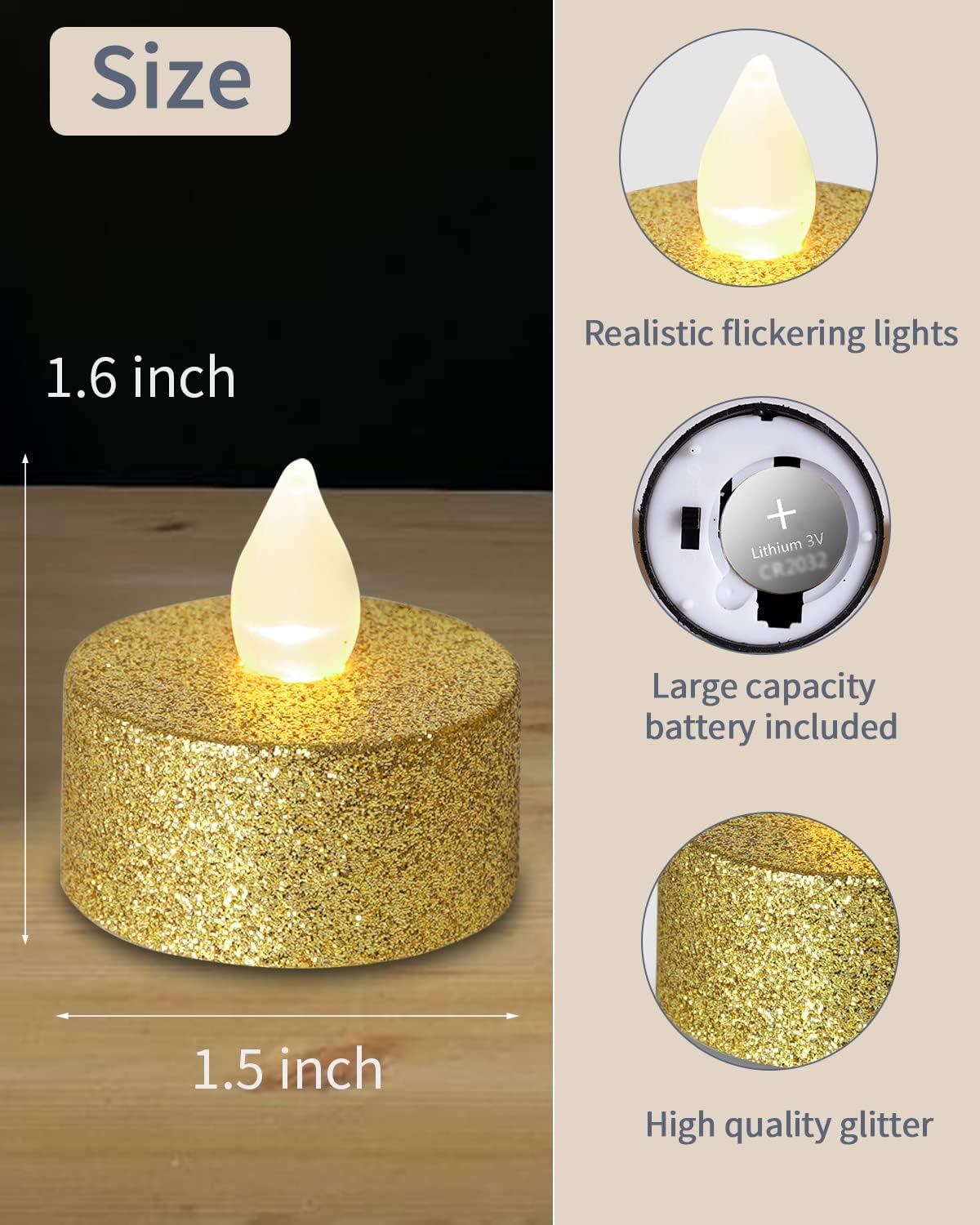Battery Operated LED Tea Lights,24 Pack Gold Flameless Votive Tealights Candle with Warm White Flickering light, Small Electric Fake Tea Candle Realistic for Wedding,Table,Festival Celebration