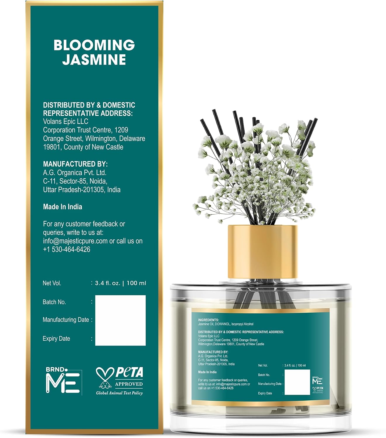 Majestic Pure Blooming Jasmine Reed Diffuser for Home, Bathroom & Office | Natural Aromatherapy Air Freshener & Room Fragrance, with Reed Sticks & Dried Flowers 3.4 fl oz