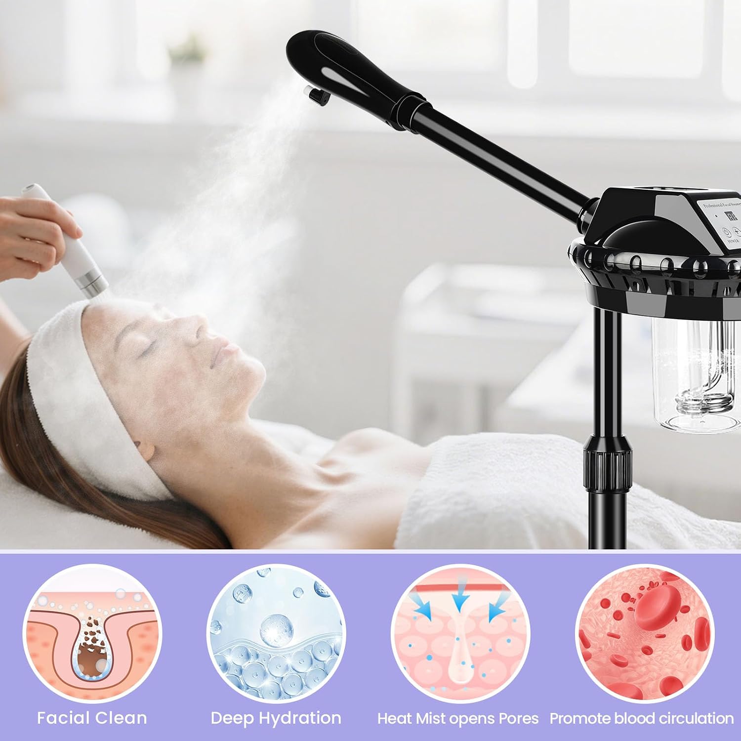 Professional Facial Steamer, Facial Steamer on Wheels with Time Setting & Adjustable Height Stand – Face Steamer for Spa, Salon and at Home Use