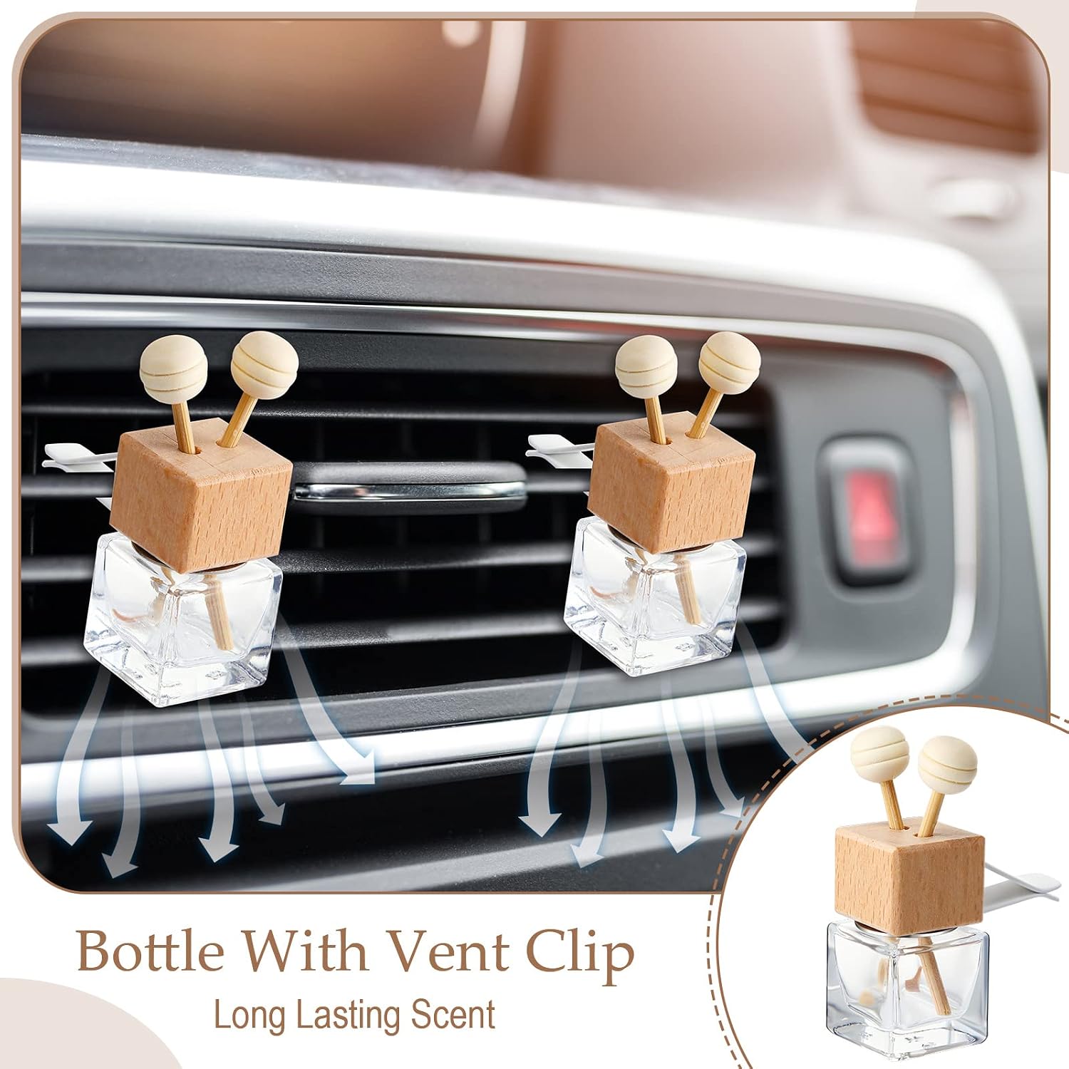 Zubebe 30 Pack Car Air Freshener Diffuser with Vent Clip Empty Car Diffuser Bottles for Essential Oil Perfume Glass Bottle with Wooden Caps Stick(Square)