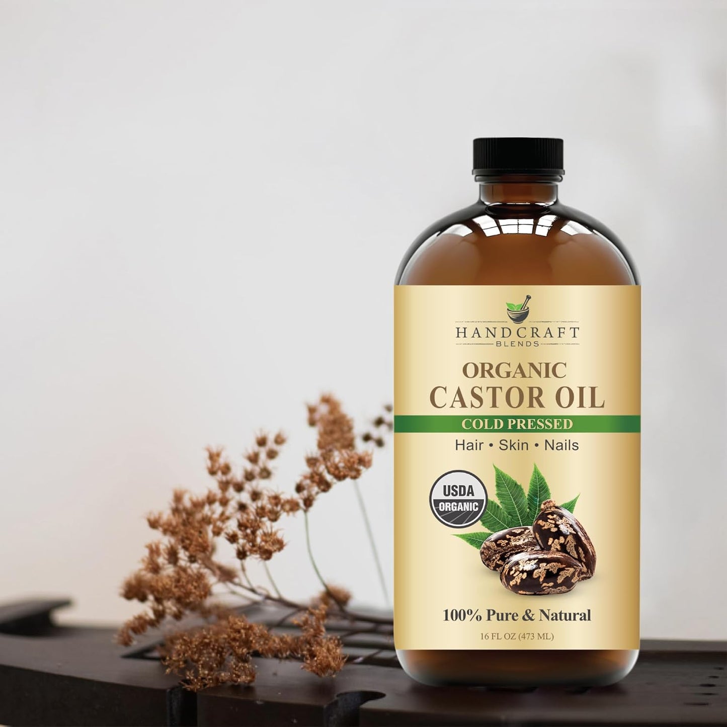 Handcraft Blends Cold-Pressed Organic Castor Oil 16 Fl Oz | Glass Bottle | 100% Pure and Natural | Premium Grade Carrier Oil | Hair, Eyelashes and Eyebrows | Hair and Body