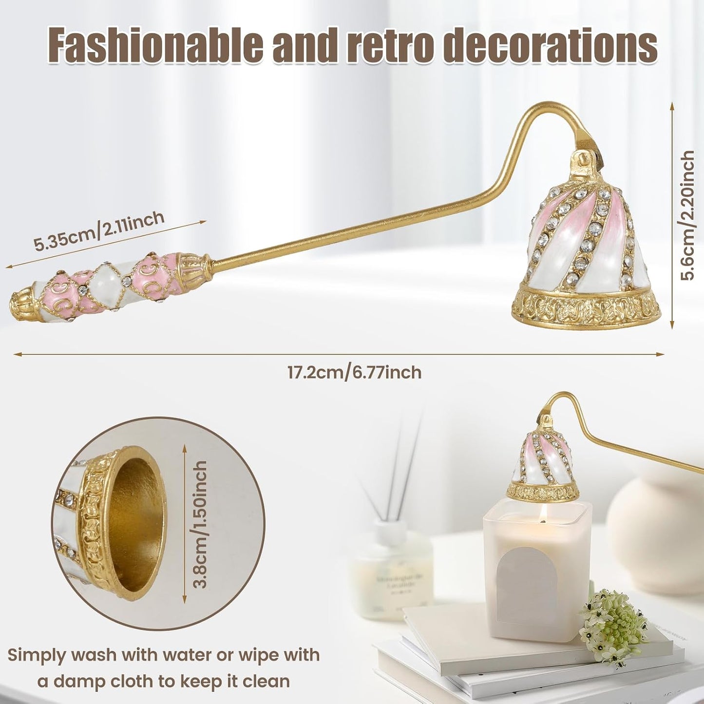 Candle Snuffer Vintage, Safe Candle Extinguisher with Metal Handle, Elegant Flower Shape Flame Extinguisher for Putting Out Flame (Pink)