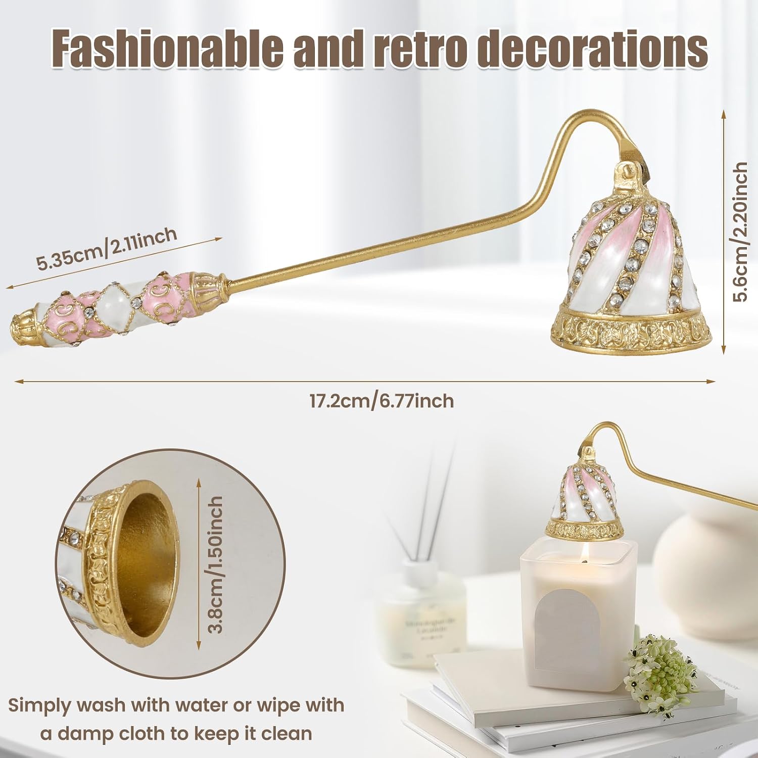Candle Snuffer Vintage, Safe Candle Extinguisher with Metal Handle, Elegant Flower Shape Flame Extinguisher for Putting Out Flame (Pink)