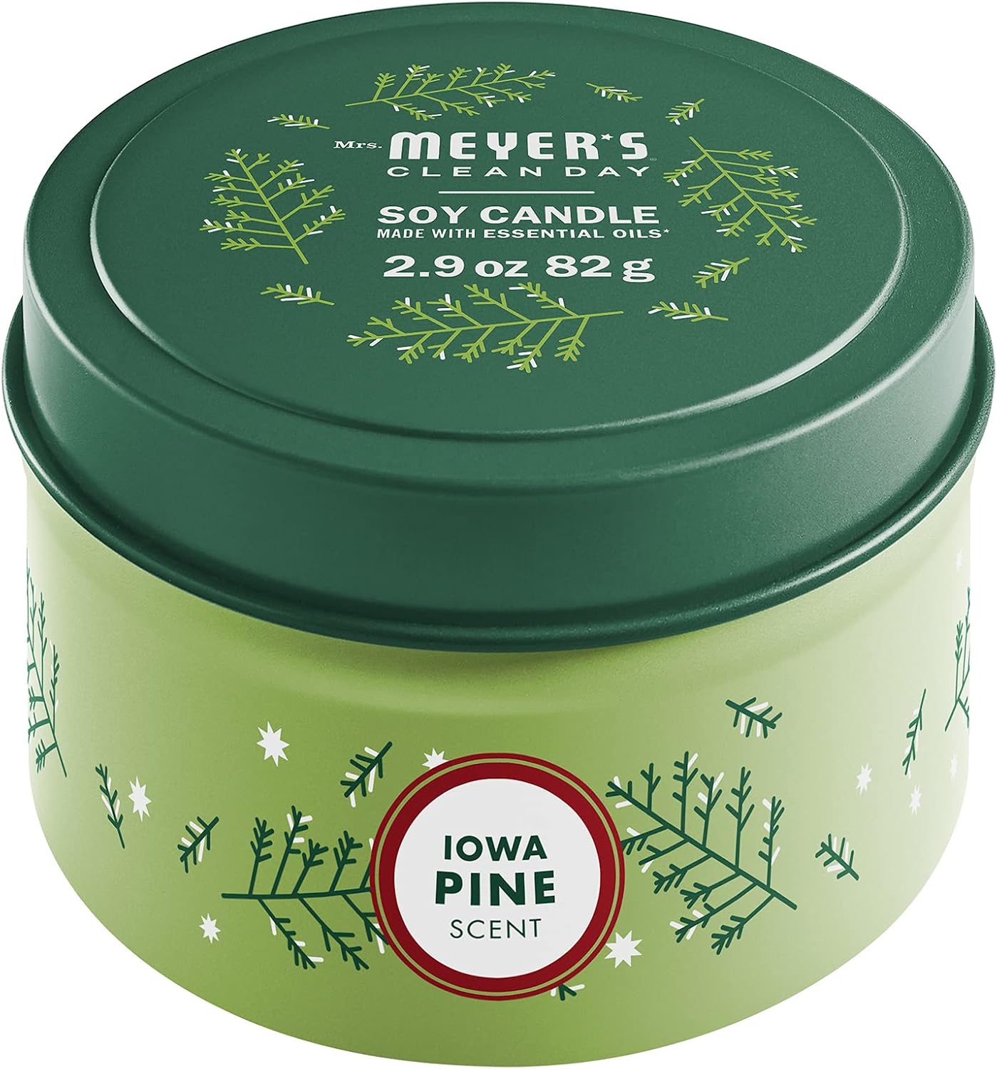 MRS. MEYER'S CLEAN DAY Soy Tin Candle, 12 Hour Burn Time, Made with Soy Wax and Essential Oils, Iowa Pine, 2.9 oz