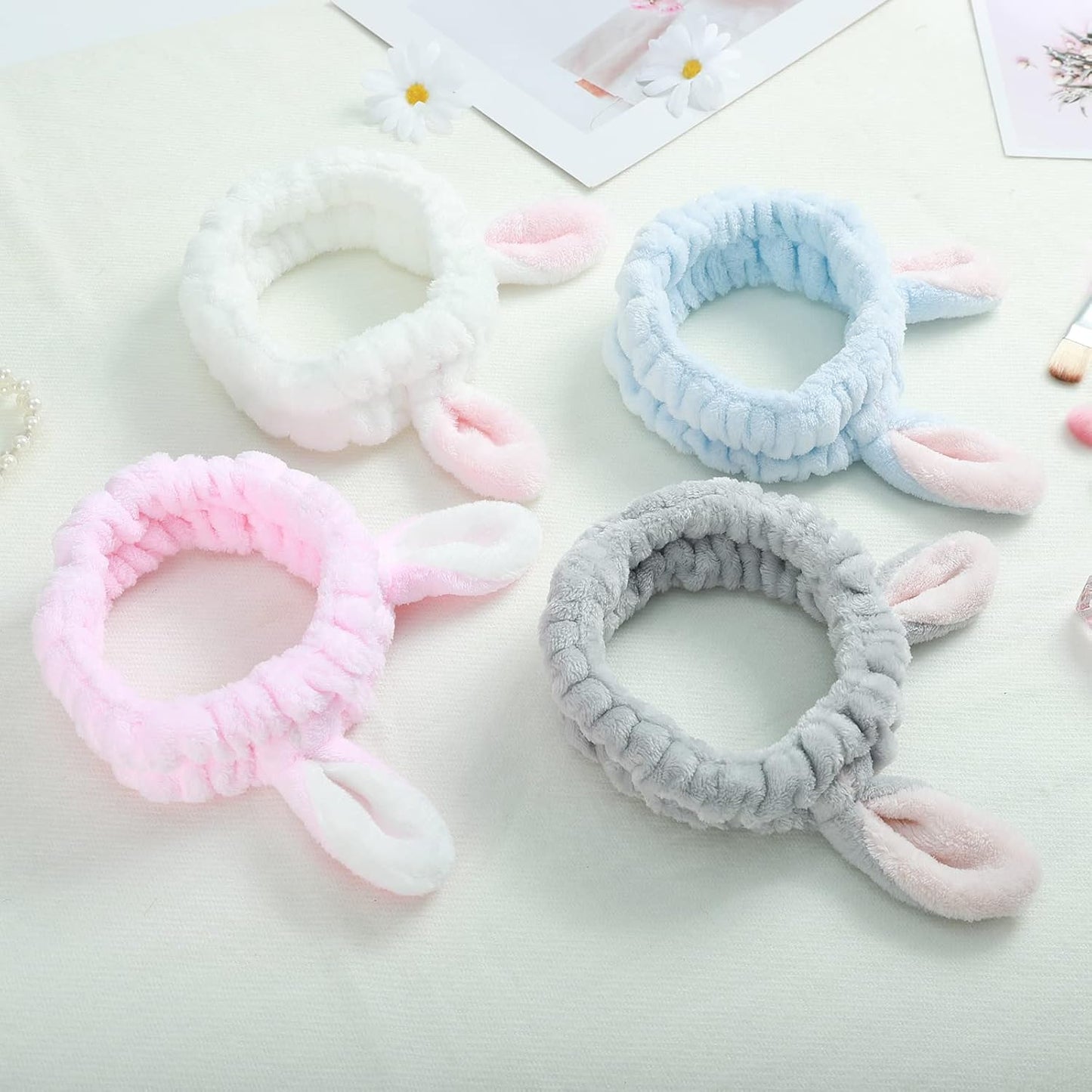 4 Pack Elastic Makeup Headbands for Women, Girls' Soft Flannel Bunny Ears Headbands Head Wraps, SPA Headband Hair Band for Washing Face
