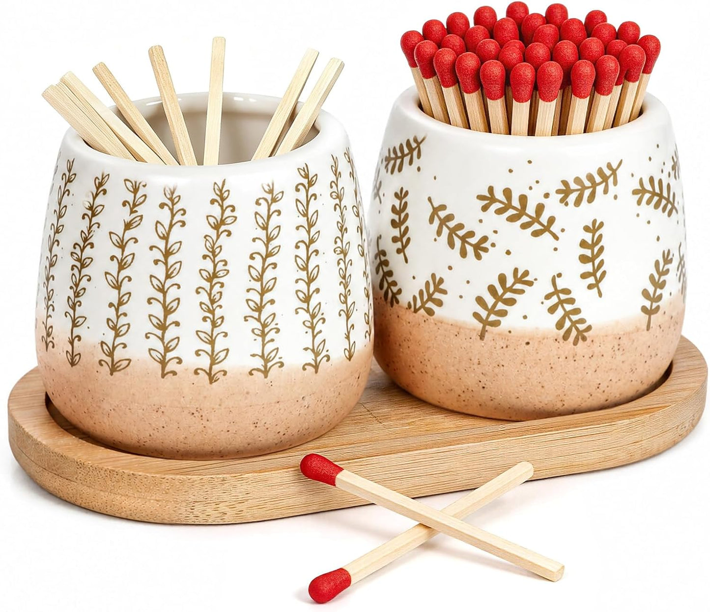 Set of 2 Hand-Drawn Botanical Ceramic Match Holders with Striker – Scandinavian Line Art Fern & Vine Pattern, Mini Matchstick Jar for Kitchen Bathroom Candle Decor, Matches NOT Included
