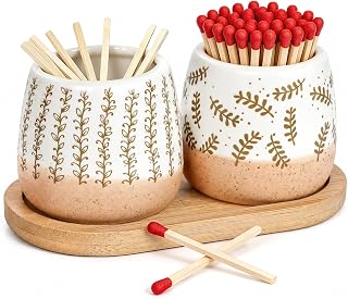 Set of 2 Hand-Drawn Botanical Ceramic Match Holders with Striker – Scandinavian Line Art Fern & Vine Pattern, Mini Matchstick Jar for Kitchen Bathroom Candle Decor, Matches NOT Included