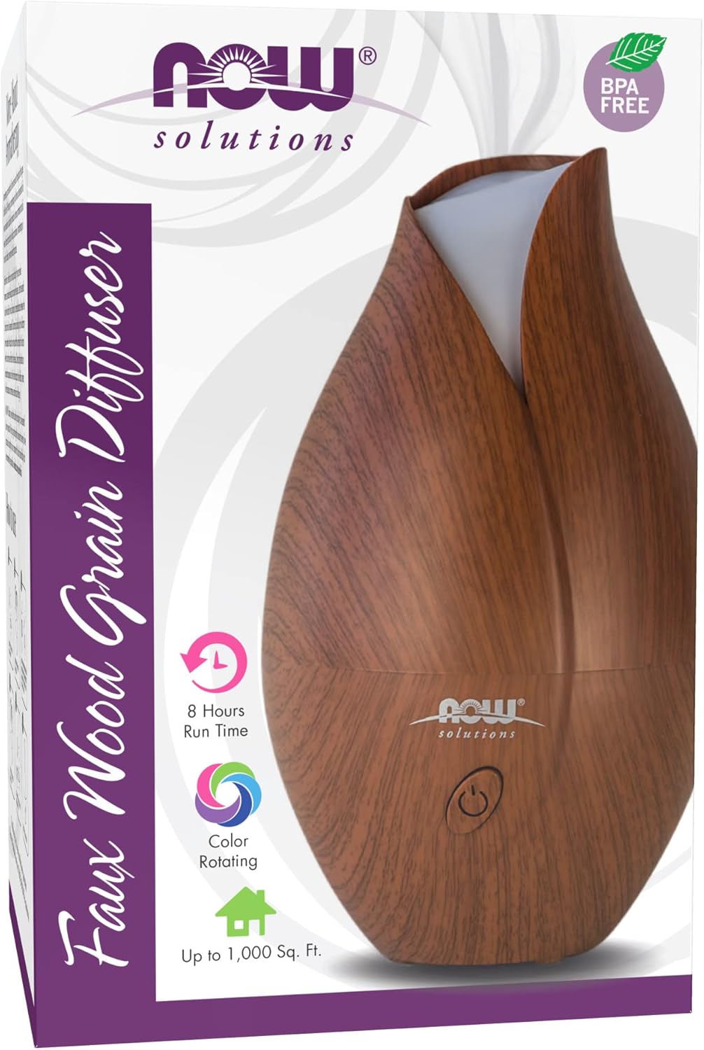 NOW Foods Essential Oils, Ultrasonic Faux Wood Aromatherapy Oil Diffuser, Contemporary Design, Extremely Quiet Heat Free, Color Changing LED Diffuser