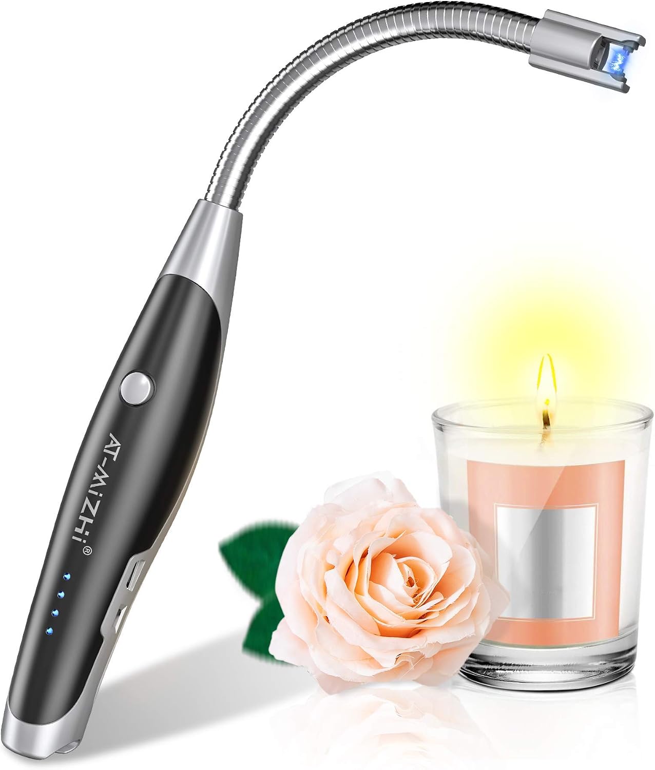 AT-Mizhi Electric Lighter - Rechargeable Long Neck Lighter with LED Flashlight for Candles, Camping & BBQ