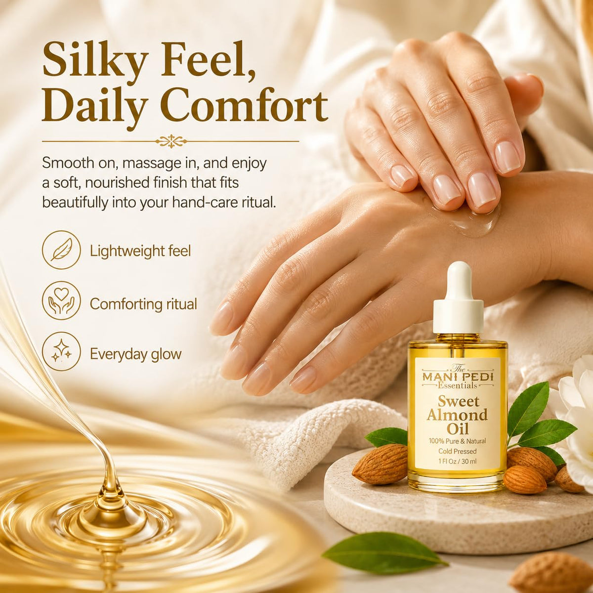 TMPE Sweet Almond Oil, Pure Cold-Pressed Oil for Skin &amp; Hair Care, 1 Fl Oz