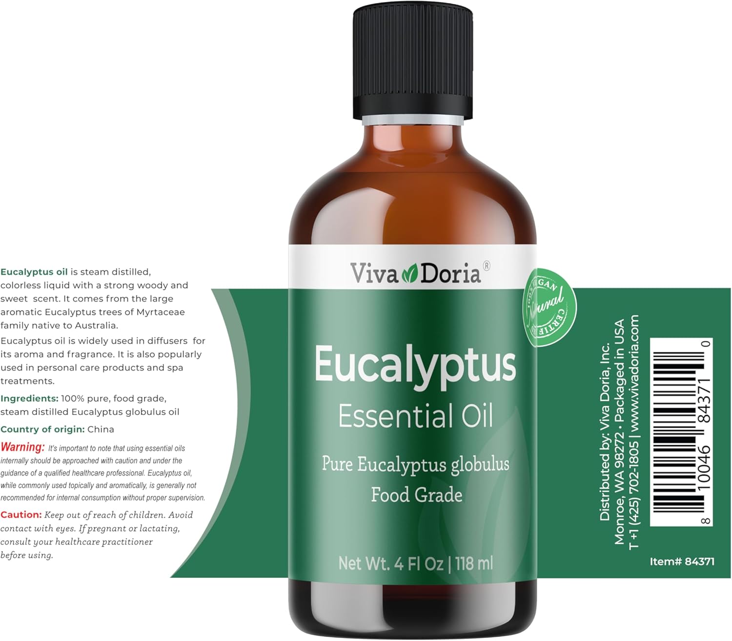 Viva Doria Eucalyptus Essential Oil, Food Grade, 118 ml (4 Fl Oz) | 100% Pure & Natural Eucalyptus Globulus | Aromatherapy Oil for Diffuser, Steam, and Massage