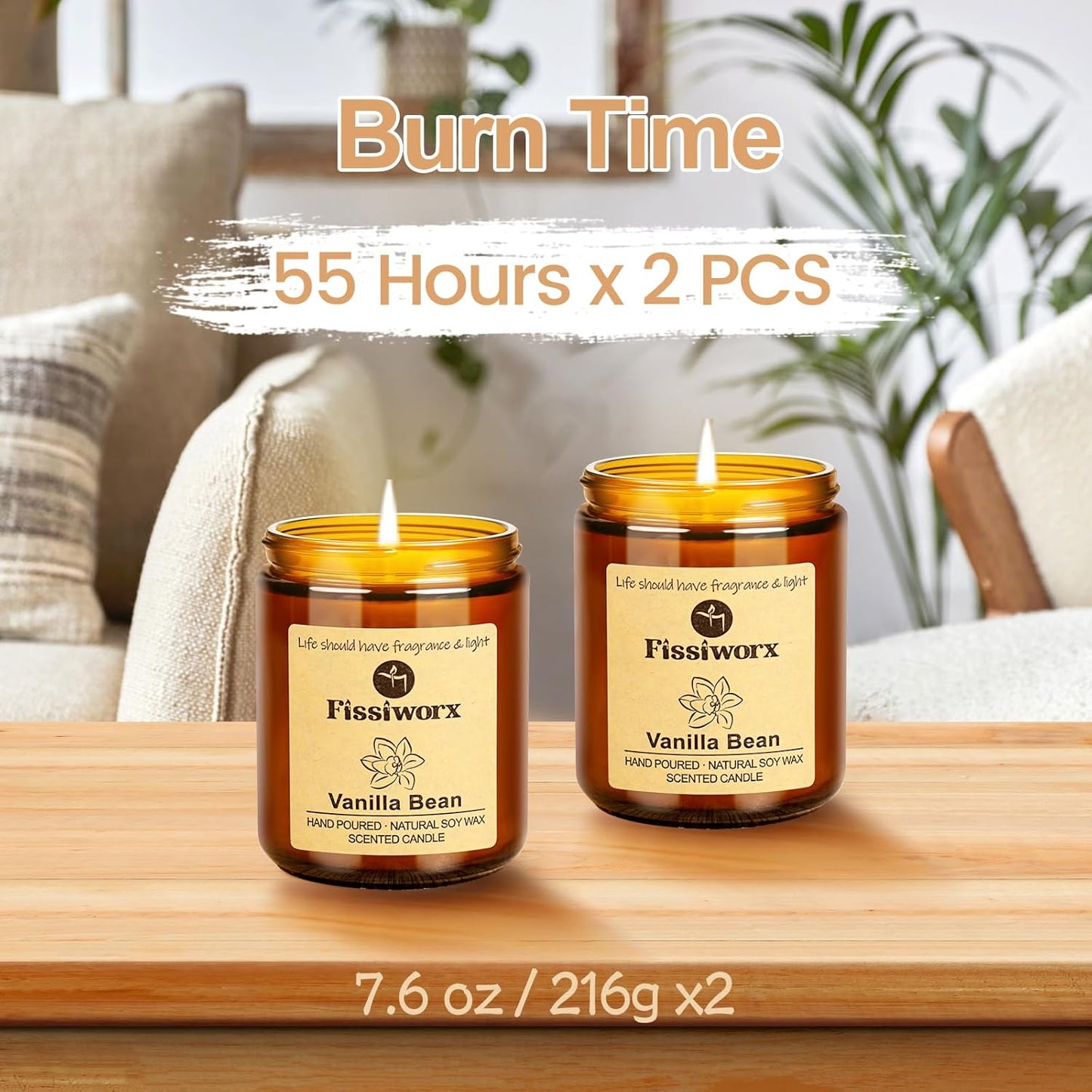 Fissiworx Vanilla Scented Candle Set 2 Pack, Candle for Home Scented, Odor Eliminating, Stress Relief, 15oz, 110 Hours Long Lasting Candles, Soy Candle Gift Set for Women