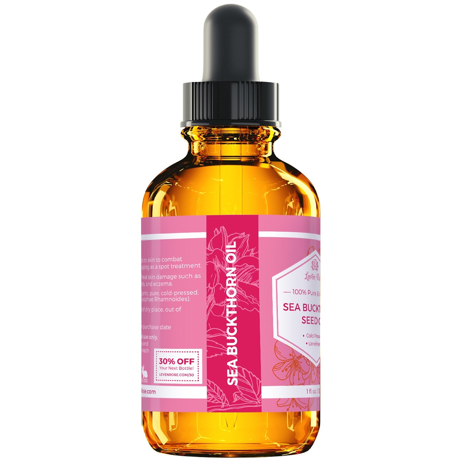 Leven Rose Sea Buckthorn Seed Oil 100% Pure Organic Unrefined Cold Pressed for Hair Skin and Nails - 1 oz