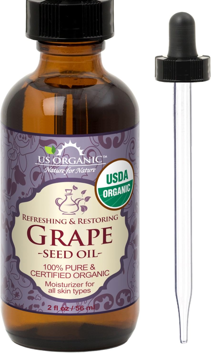 US Organic Grape Seed Oil, USDA Certified Organic, 100% Pure & Natural, Cold Pressed Virgin, Unrefined, in Amber Glass Bottle w/Glass Eyedropper for Easy Application (2 oz (56 ml))