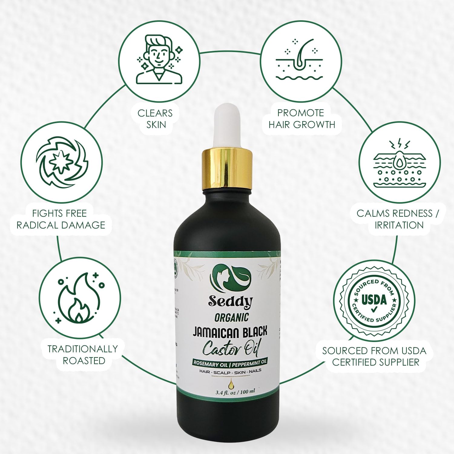 Seddy Organic Jamaican Black Castor Oil with Rosemary & Peppermint – Cold-Pressed, Hexane-Free Hair Growth & Scalp Treatment Oil for Thicker, Stronger Hair, Edges & Beard – 3.4 fl oz