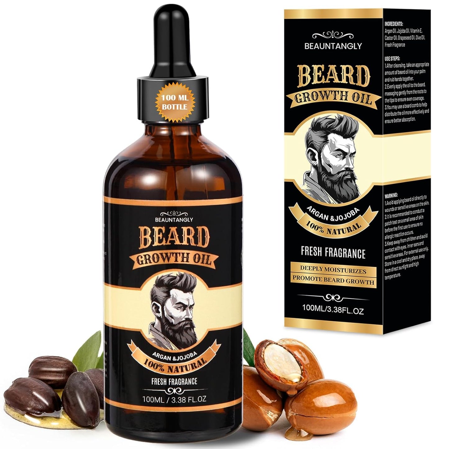 Beard Growth Oil for Men, 100% Natural Beard Oil with Argan Oil, Jojoba Oil, Castor Oil - 3.38 FL/100ML Fresh Fragrance Beard Conditioner Softens, Nourishes,Strengthens, Promotes Beard Growth
